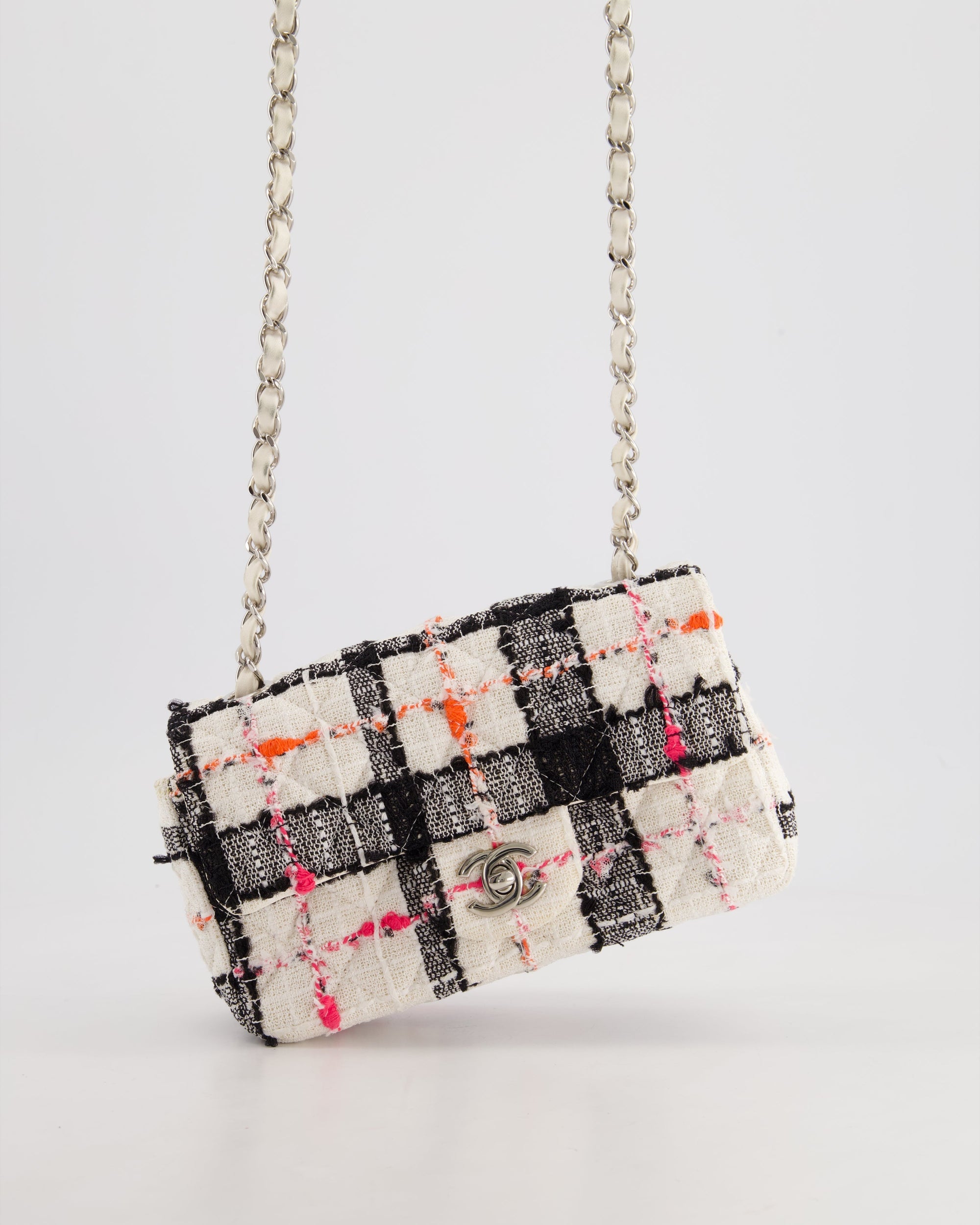 *HOT* CH White Tweed Mini Rectangular Single Flap Bag with Black &amp; White Details and Silver Hardware