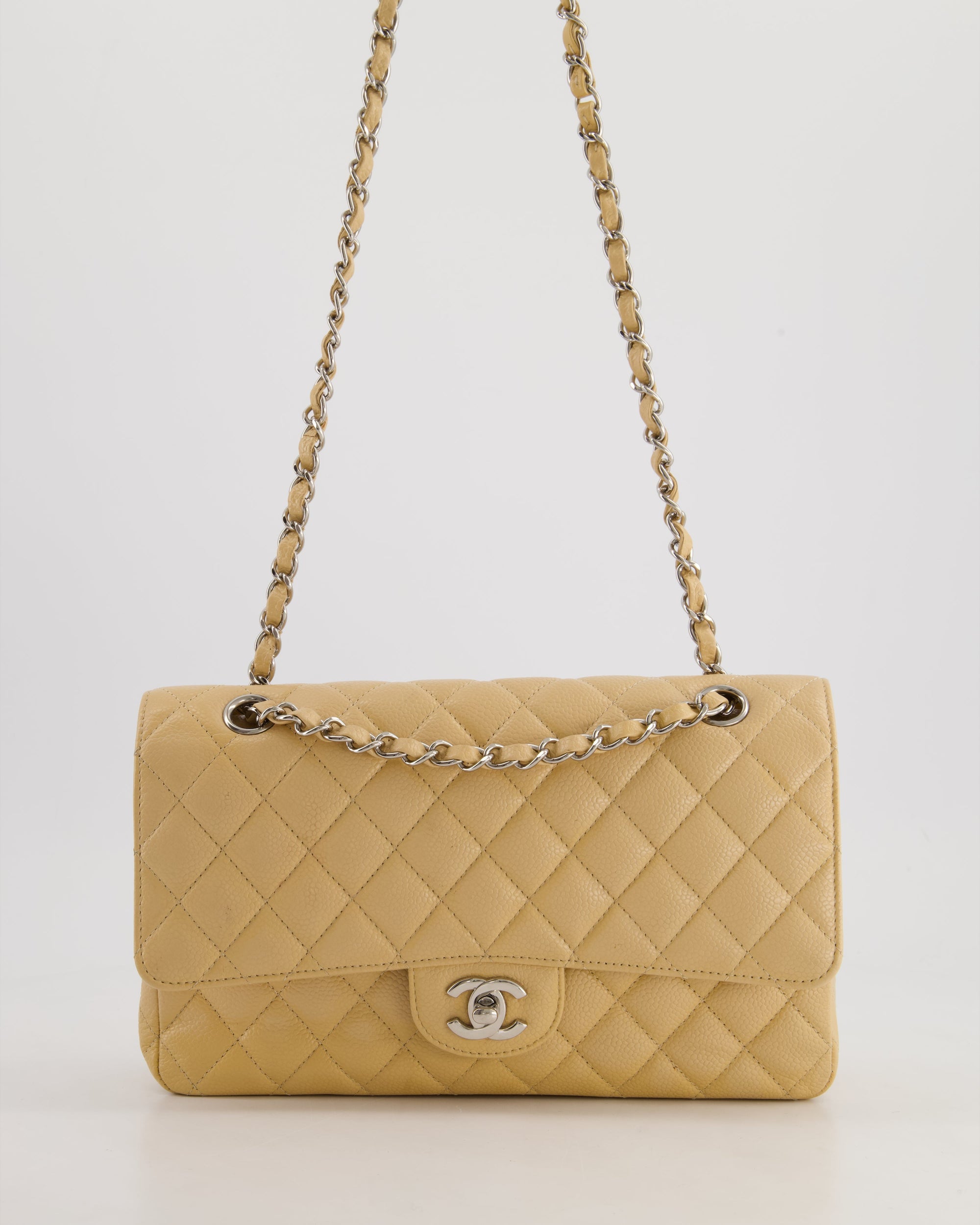 *FIRE PRICE* CH Beige Medium Classic Double Flap in Caviar Leather with Silver Hardware
