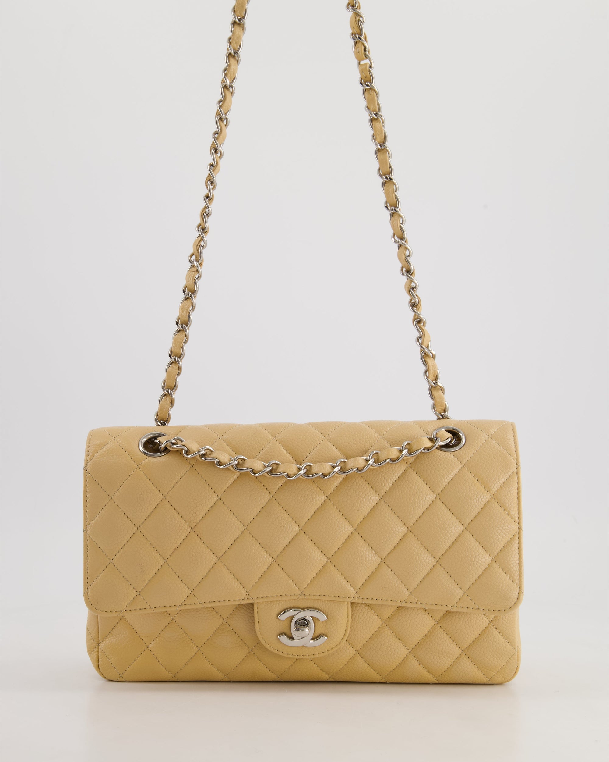 *FIRE PRICE* CH Beige Medium Classic Double Flap in Caviar Leather with Silver Hardware