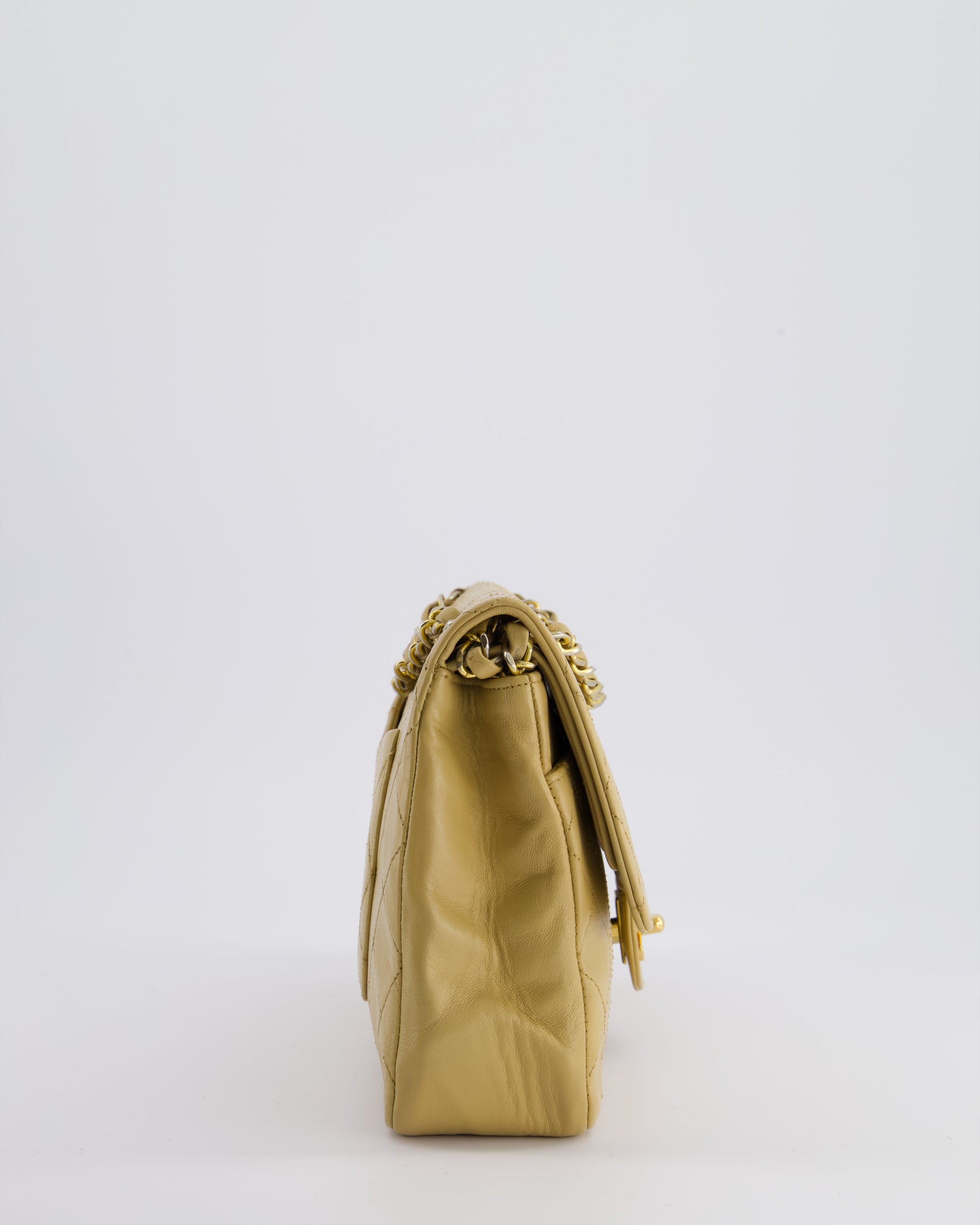 *FIRE PRICE* CH Vintage Chai Beige Classic Medium Stitched Edge Double Flap Bag in Lambskin Leather with 24K Gold Hardware
