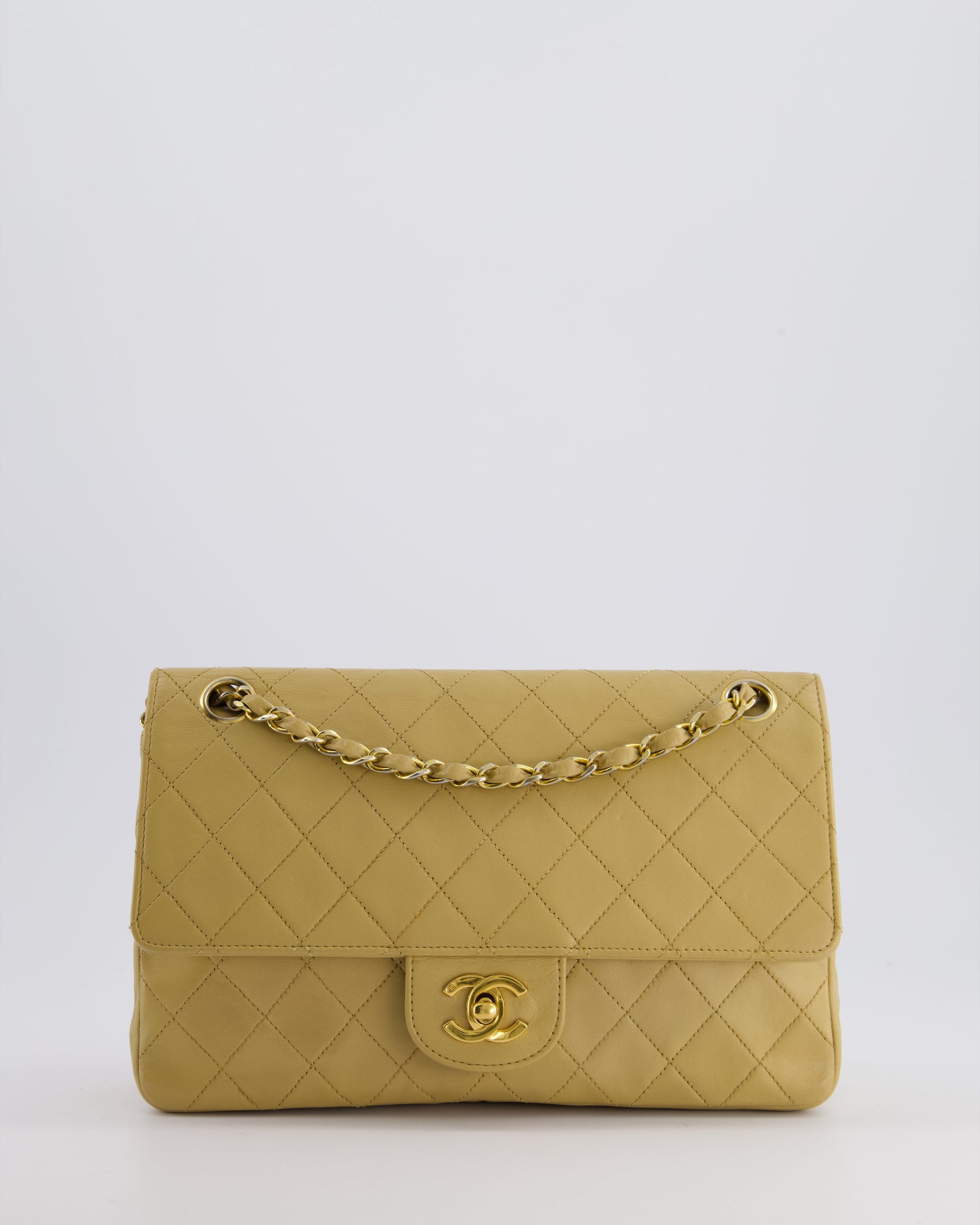 *FIRE PRICE* CH Vintage Chai Beige Classic Medium Stitched Edge Double Flap Bag in Lambskin Leather with 24K Gold Hardware