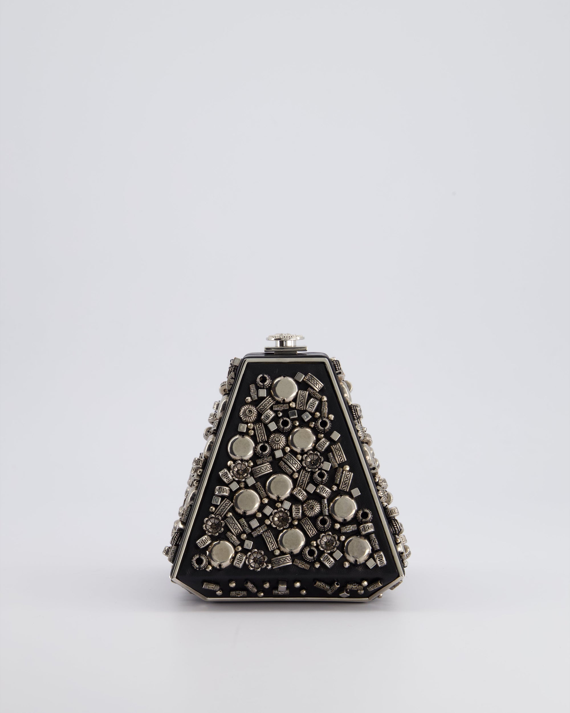 *RARE* CH 2012 Pre-Fall Paris-Bombay Collection Black Leather &amp; Silver Hardware Detail Pyramid Evening Bag