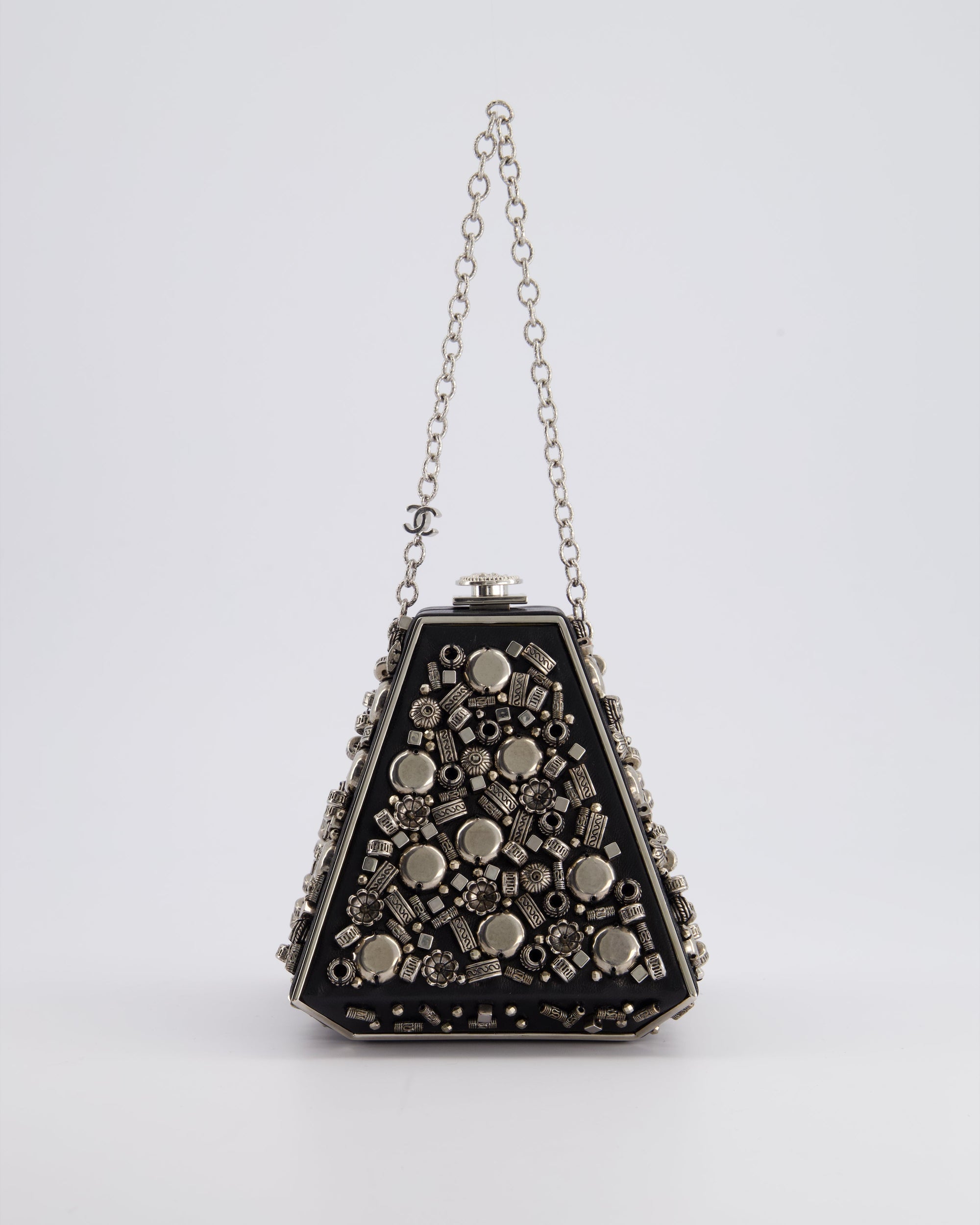 *RARE* CH 2012 Pre-Fall Paris-Bombay Collection Black Leather &amp; Silver Hardware Detail Pyramid Evening Bag