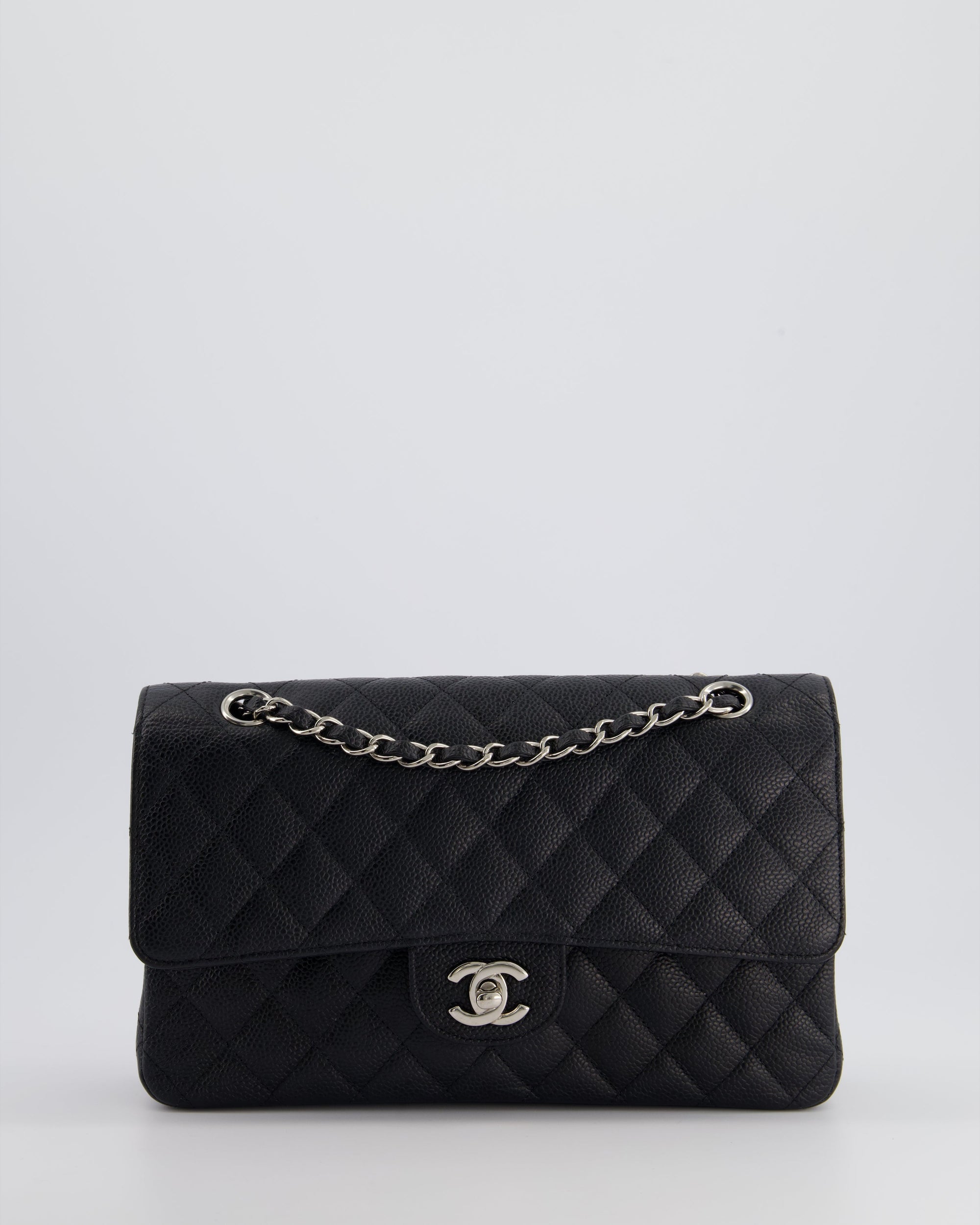 *HOT* CH Medium Black Classic Double Flap Bag in Caviar Leather with Silver Hardware