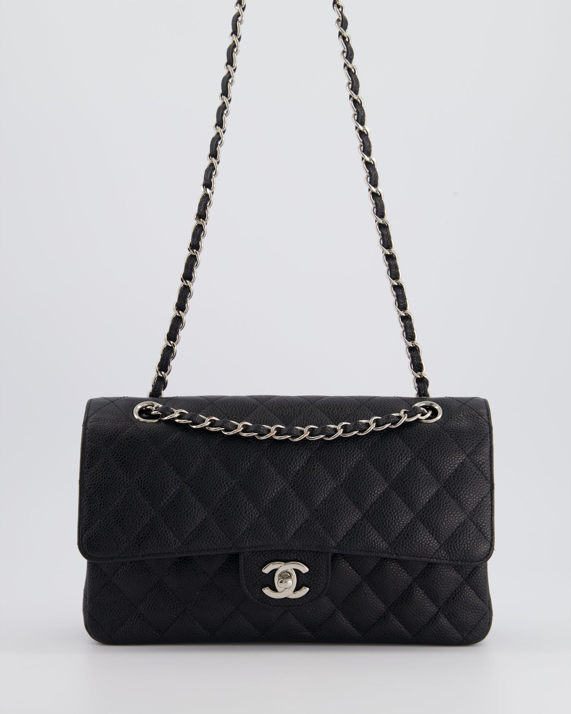 *HOT* CH Medium Black Classic Double Flap Bag in Caviar Leather with Silver Hardware