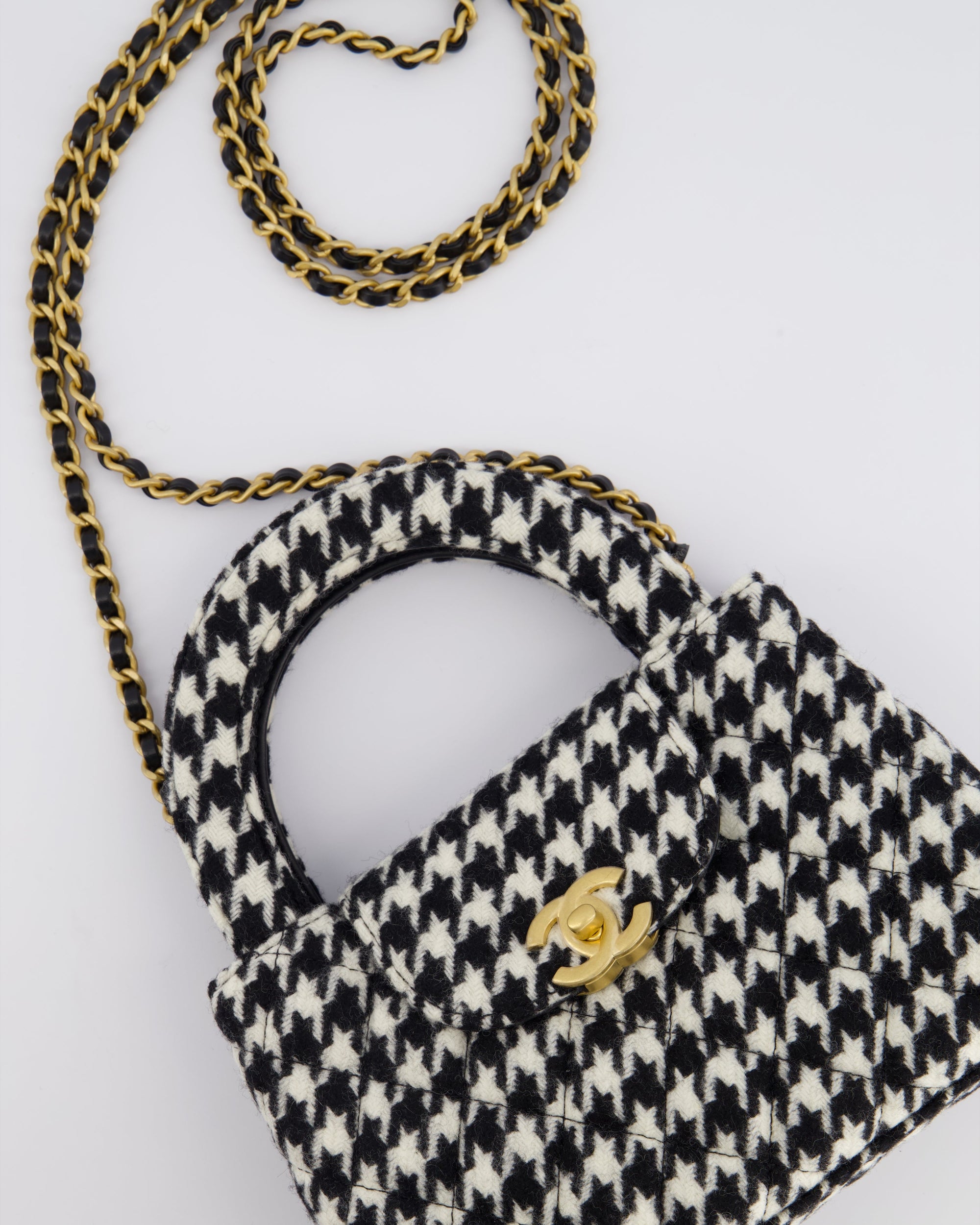 *HOT* CH Small Kelly Shopping Bag in Black &amp; White Wool Houndstooth with Brushed Antique Gold Hardware