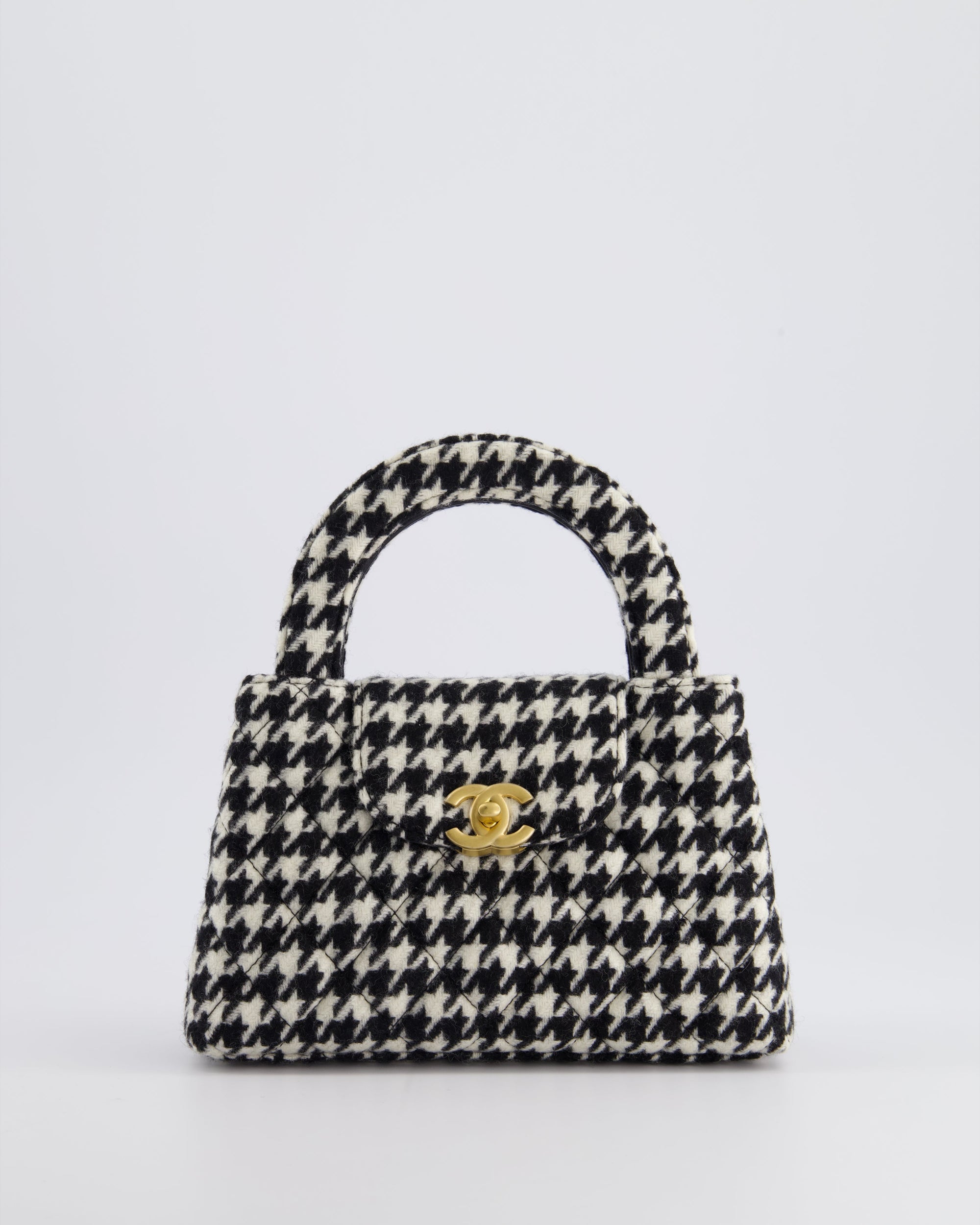 *HOT* CH Small Kelly Shopping Bag in Black &amp; White Wool Houndstooth with Brushed Antique Gold Hardware