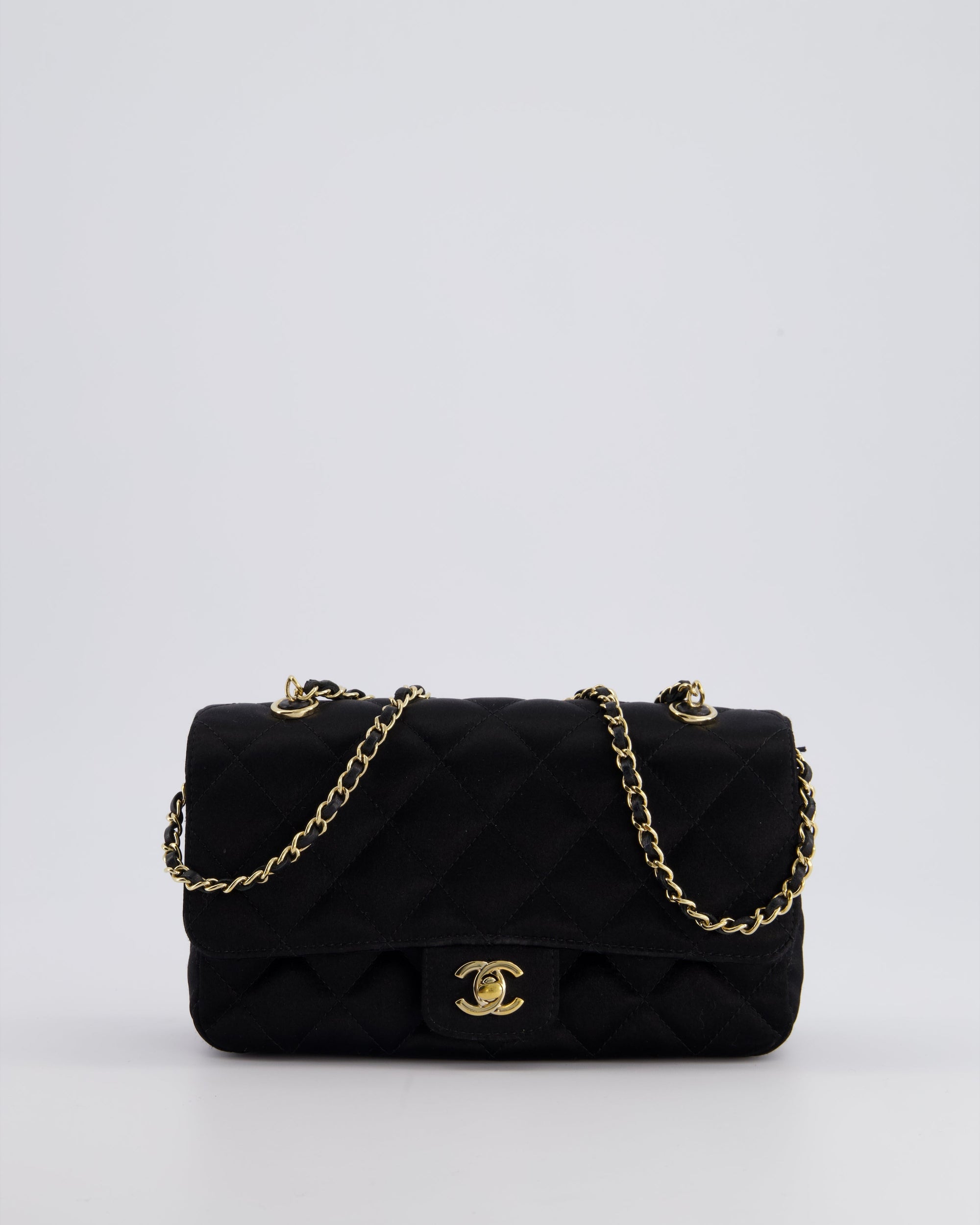 *HOT* CH Satin Black Single Mini Flap Bag with Champagne Gold Hardware