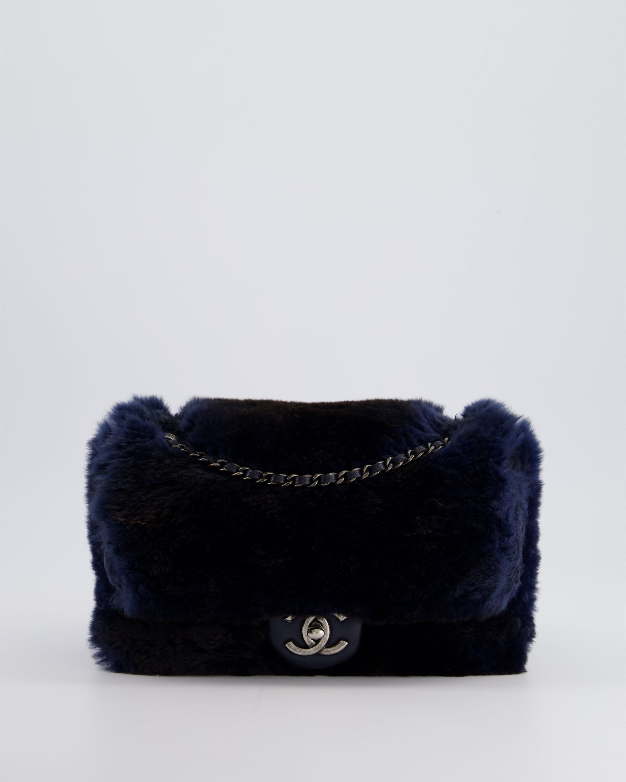 *HOT* CH Navy Rabbit Fur Single Flap Bag with Silver Hardware