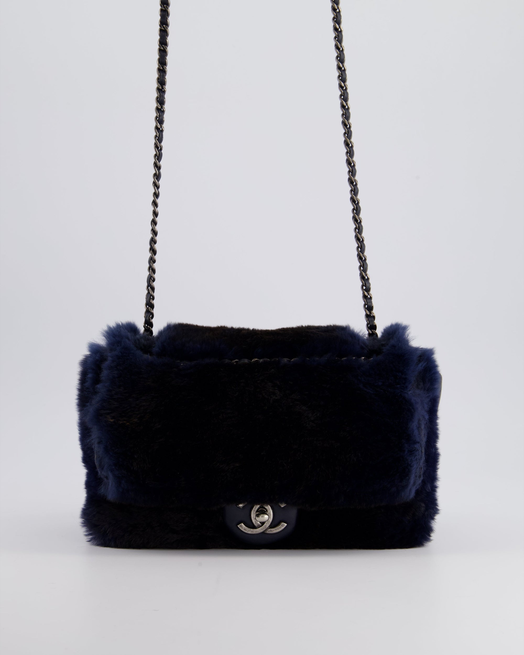 *HOT* CH Navy Rabbit Fur Single Flap Bag with Silver Hardware