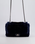 *HOT* CH Navy Rabbit Fur Single Flap Bag with Silver Hardware