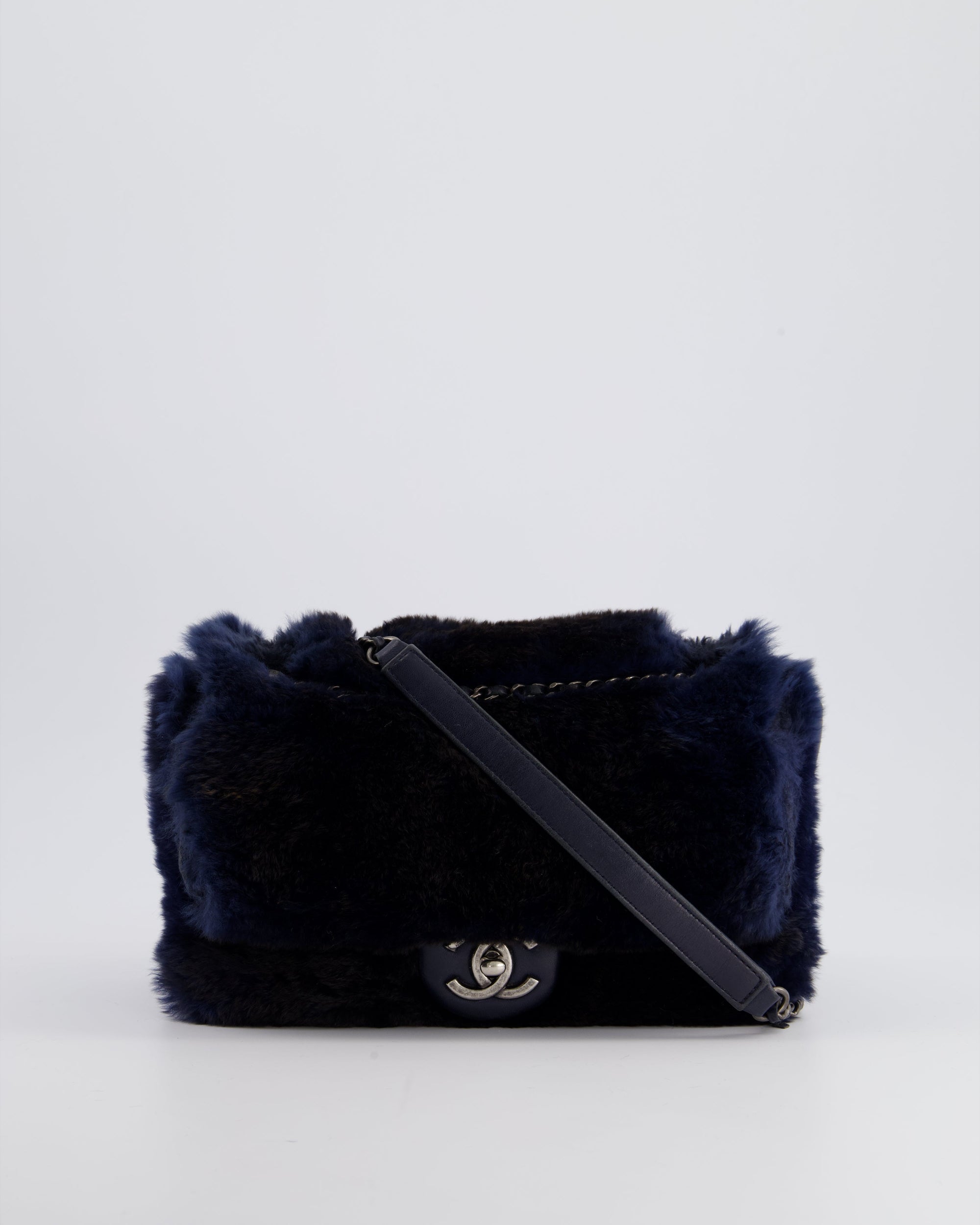 *HOT* CH Navy Rabbit Fur Single Flap Bag with Silver Hardware