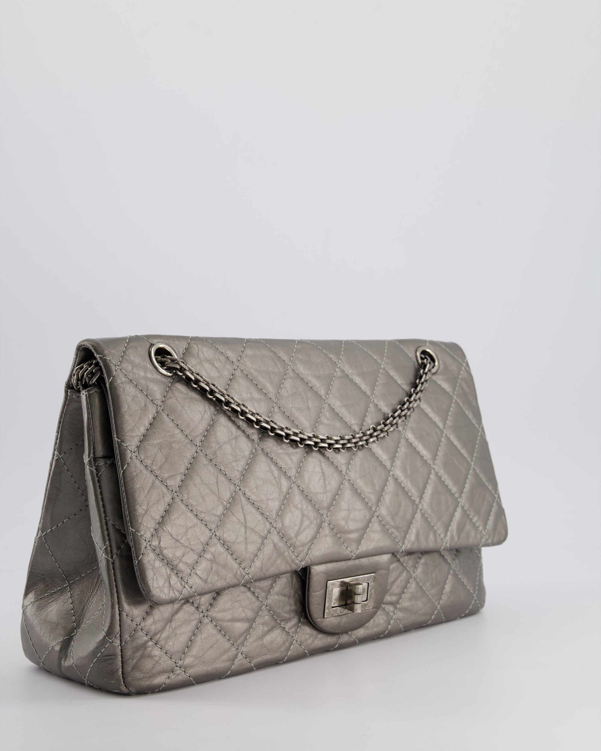 *FIRE PRICE* CH 2.55 Jumbo Reissue Bag in Metallic Grey Crumpled Calfskin Leather With Gunmetal Hardware