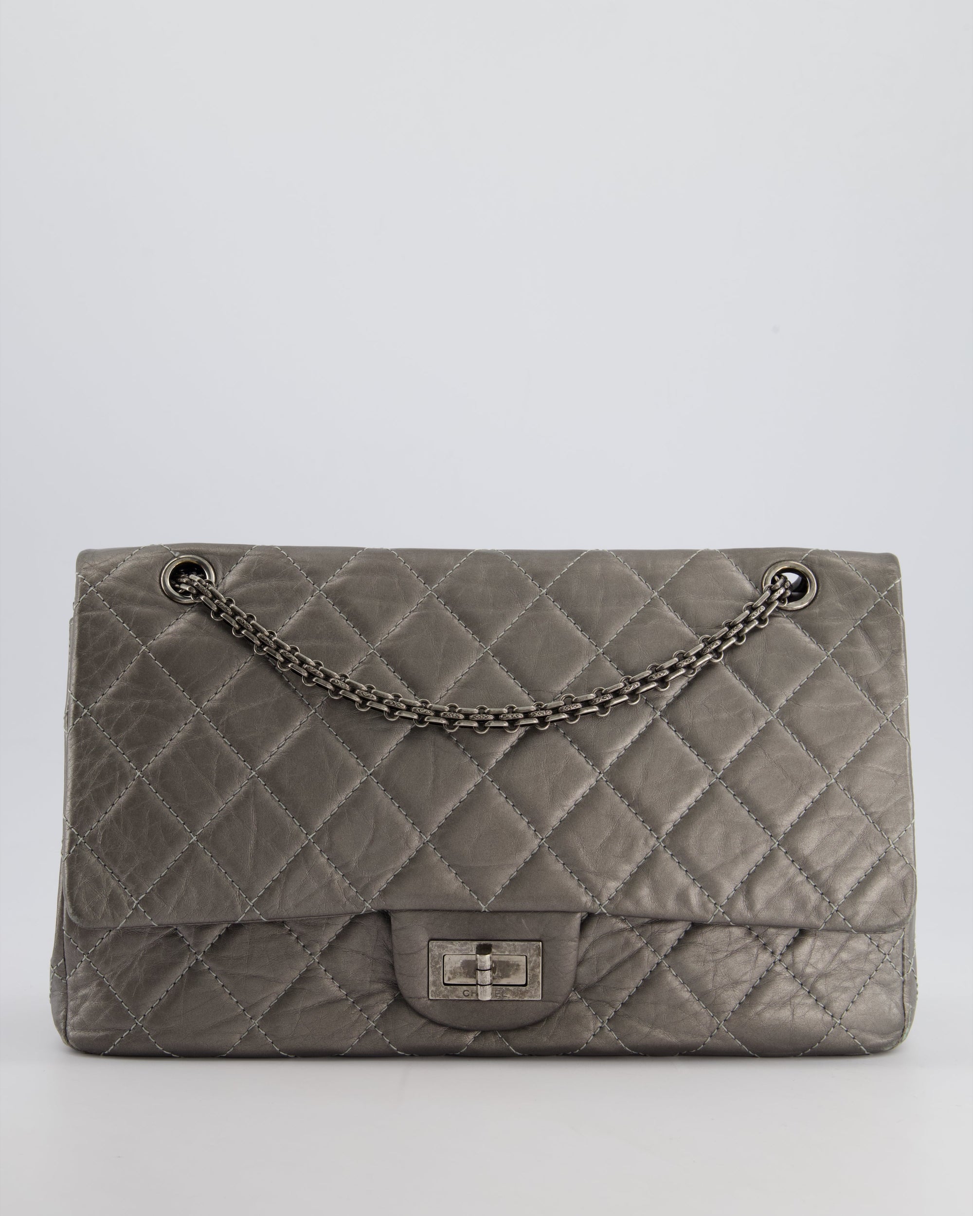 *FIRE PRICE* CH 2.55 Jumbo Reissue Bag in Metallic Grey Crumpled Calfskin Leather With Gunmetal Hardware