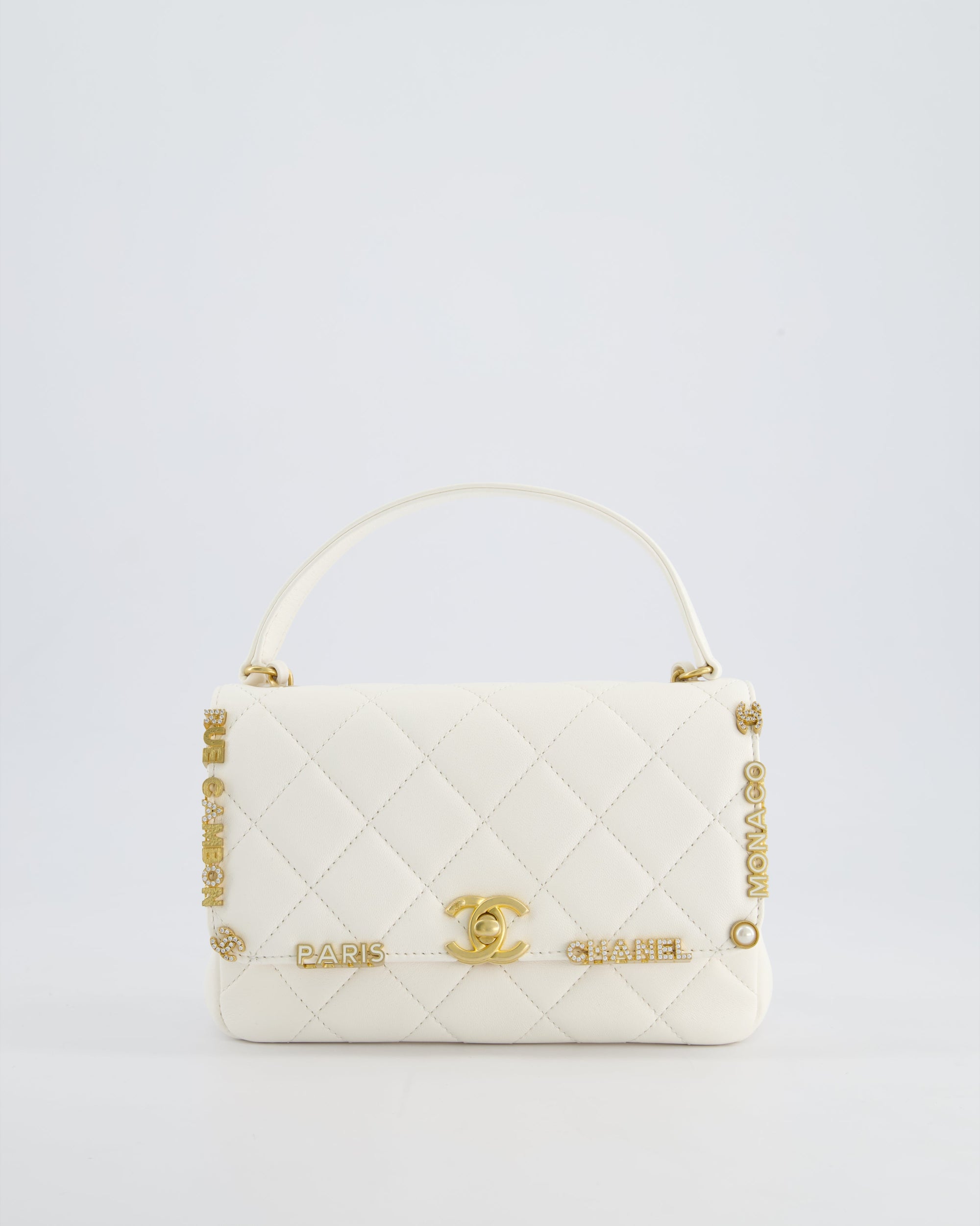 *LIMITED EDITION* CH White Paris Monaco Mini Single Flap Bag with Black Interior, Crystal Details and Brushed Gold Hardware