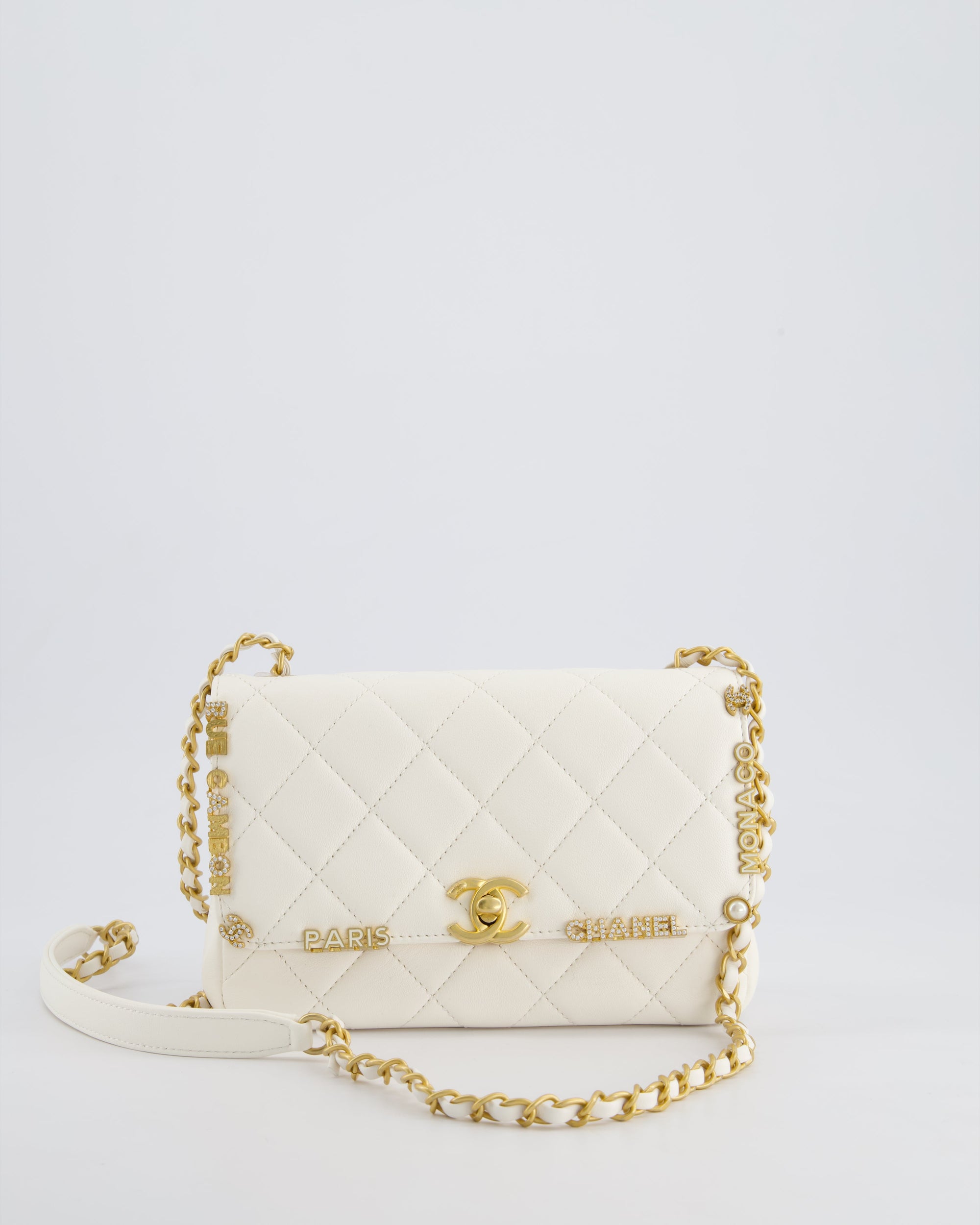 *LIMITED EDITION* CH White Paris Monaco Mini Single Flap Bag with Black Interior, Crystal Details and Brushed Gold Hardware