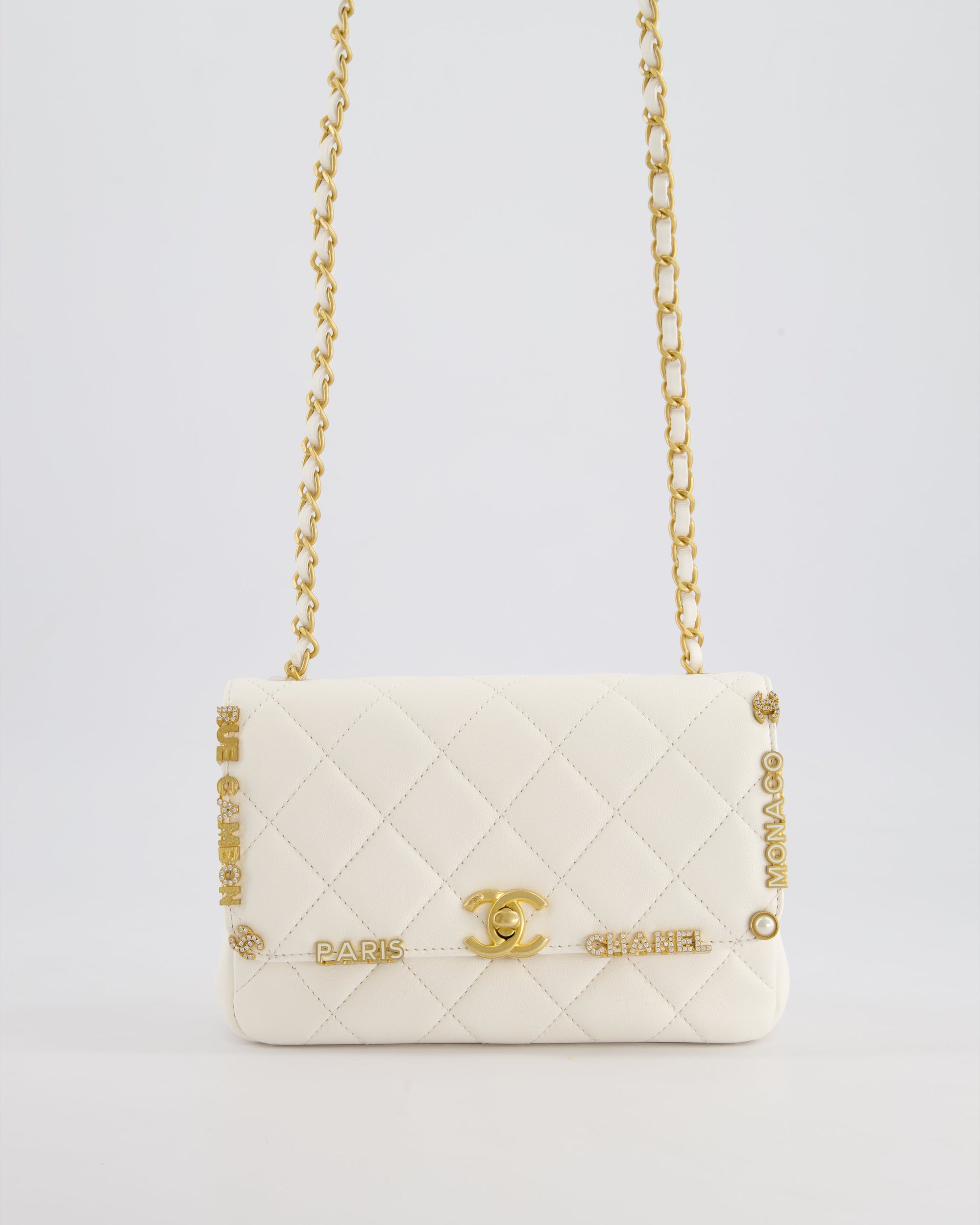 *LIMITED EDITION* CH White Paris Monaco Mini Single Flap Bag with Black Interior, Crystal Details and Brushed Gold Hardware