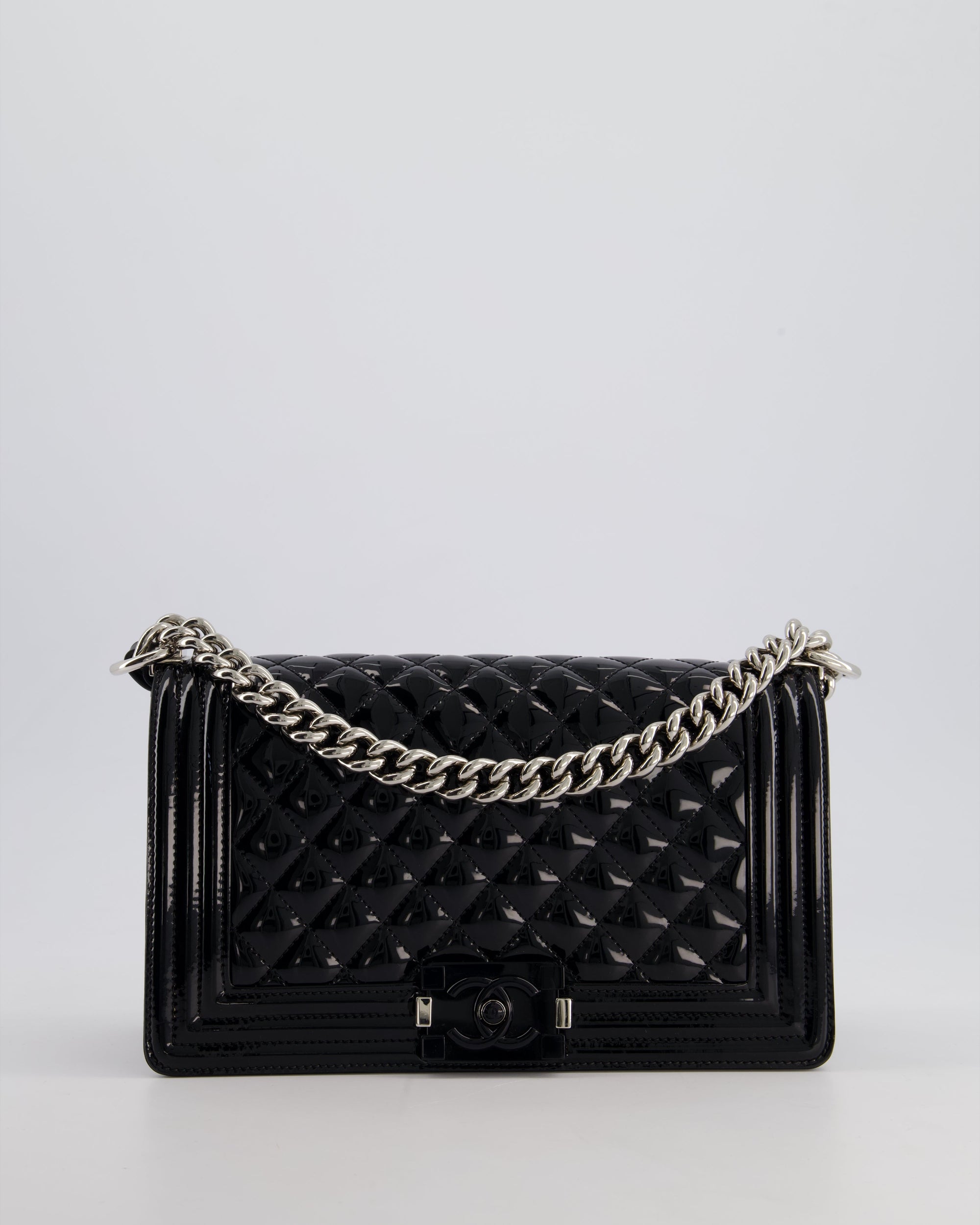 *FIRE PRICE* CH Black Patent Medium Boy Bag with Black and Silver Hardware