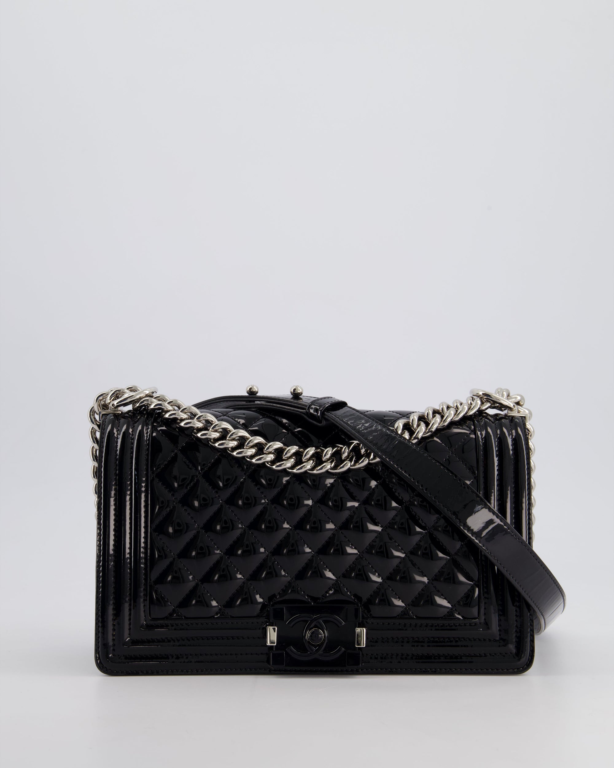 *FIRE PRICE* CH Black Patent Medium Boy Bag with Black and Silver Hardware