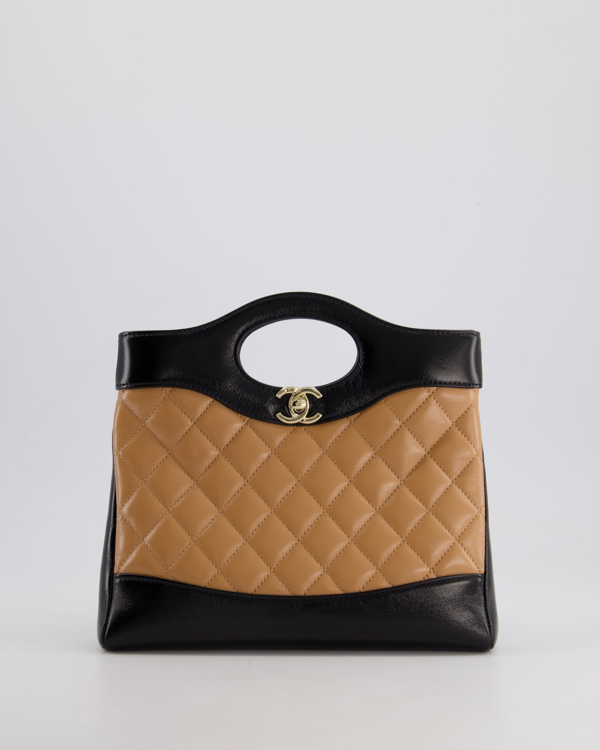 *HOT* CH Small 31 Bag with Chain in Black and Light Brown Shiny Calfskin Leather with Champagne Gold Hardware