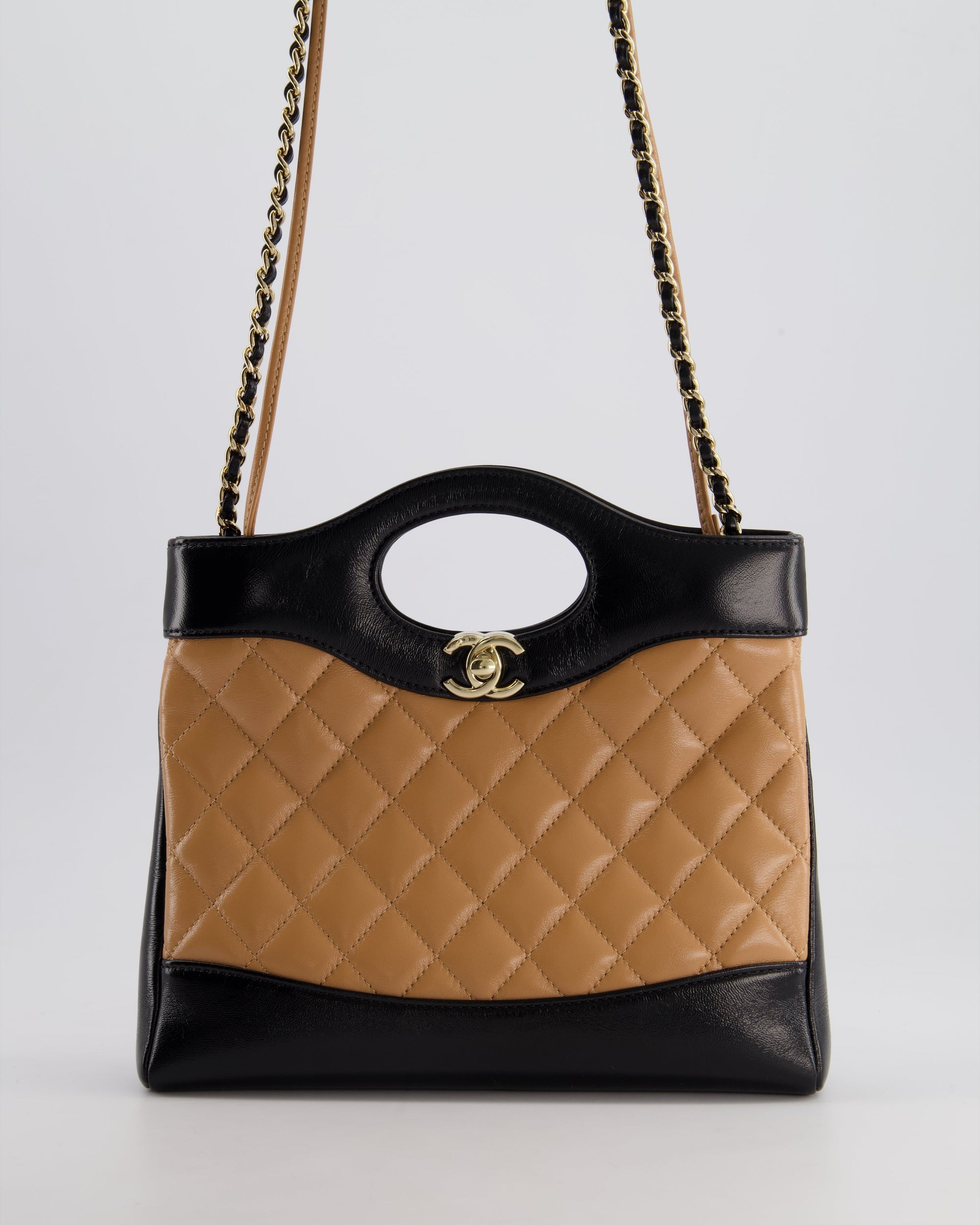 *HOT* CH Small 31 Bag with Chain in Black and Light Brown Shiny Calfskin Leather with Champagne Gold Hardware