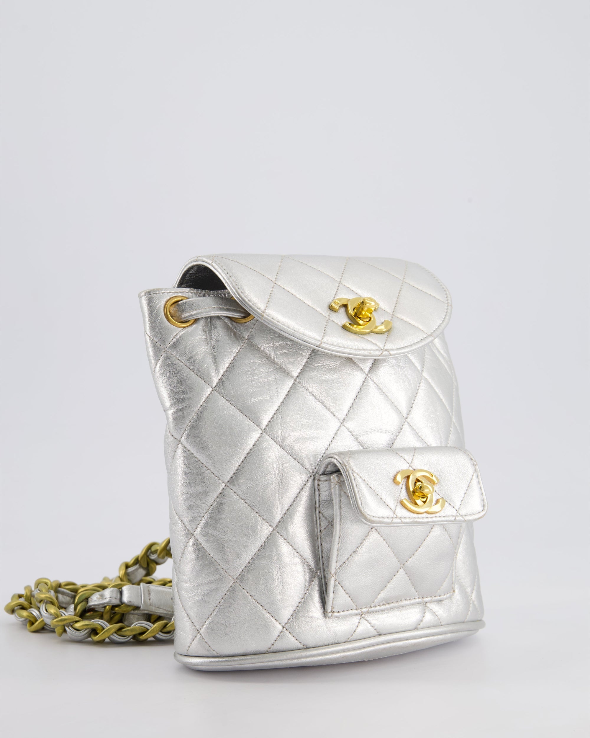 *RARE* CH Metallic Silver Vintage Mini Duma Backpack Bag in Lambskin Leather with 24K Gold Hardware