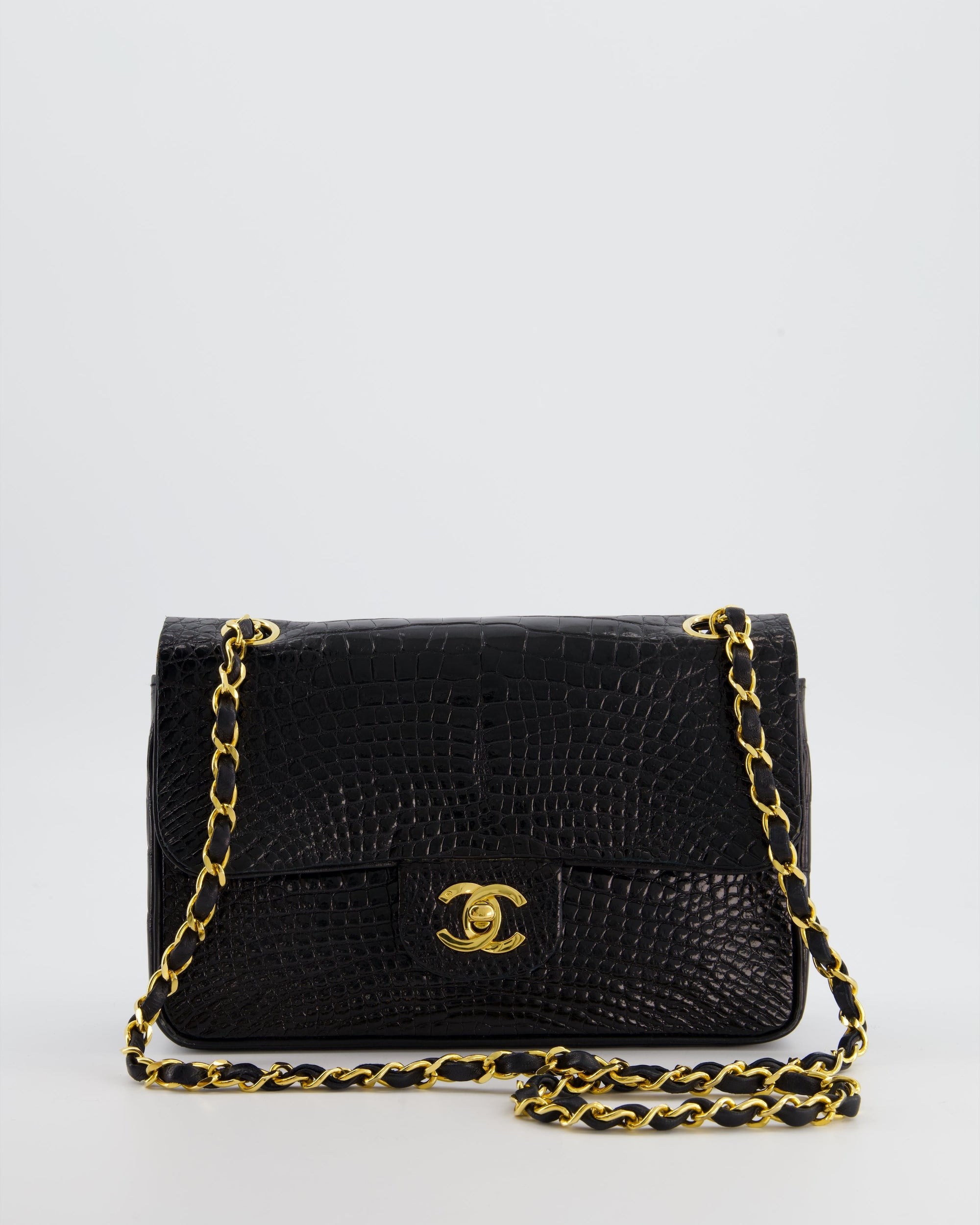 *RARE* CH Black Classic Flap Bag in Shiny Crocodile Leather with Gold Hardware