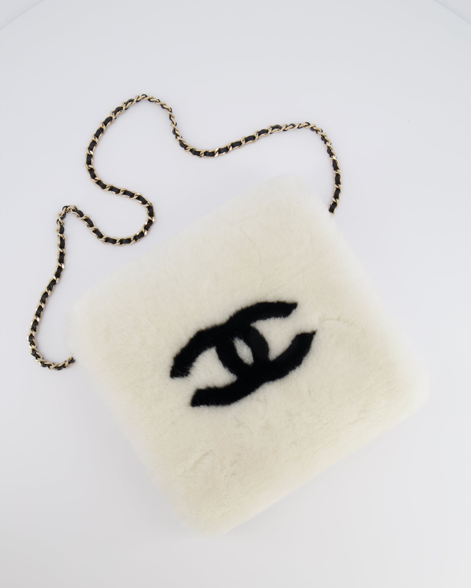 *HOT* CH Coco Neige 25/26 Ecru and Black Shearling Lambskin Muff Bag with Black CC Logo and Champagne Gold Chain Detail