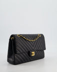 *FIRE PRICE* CH Black Chevron Medium Classic Double Flap Bag in Lambskin Leather with Gold Hardware