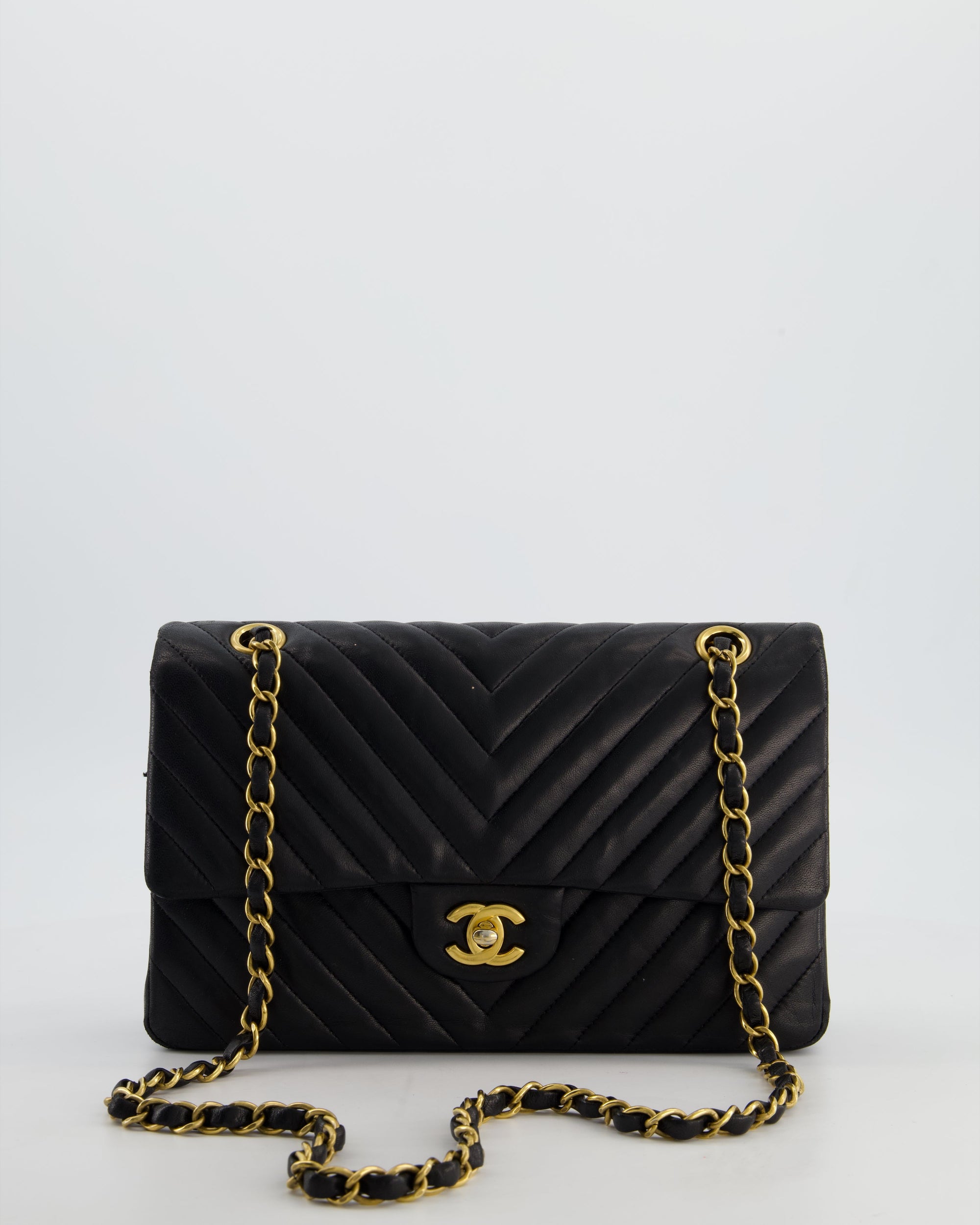 *FIRE PRICE* CH Black Chevron Medium Classic Double Flap Bag in Lambskin Leather with Gold Hardware