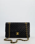*FIRE PRICE* CH Black Chevron Medium Classic Double Flap Bag in Lambskin Leather with Gold Hardware