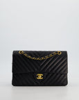 *FIRE PRICE* CH Black Chevron Medium Classic Double Flap Bag in Lambskin Leather with Gold Hardware