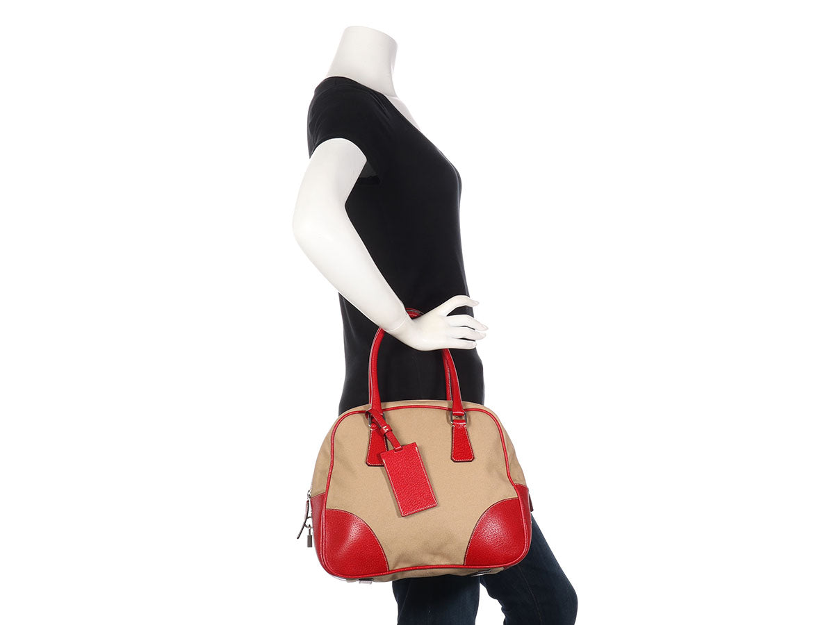 PRD Beige Canvas and Red Leather Bowling Bag