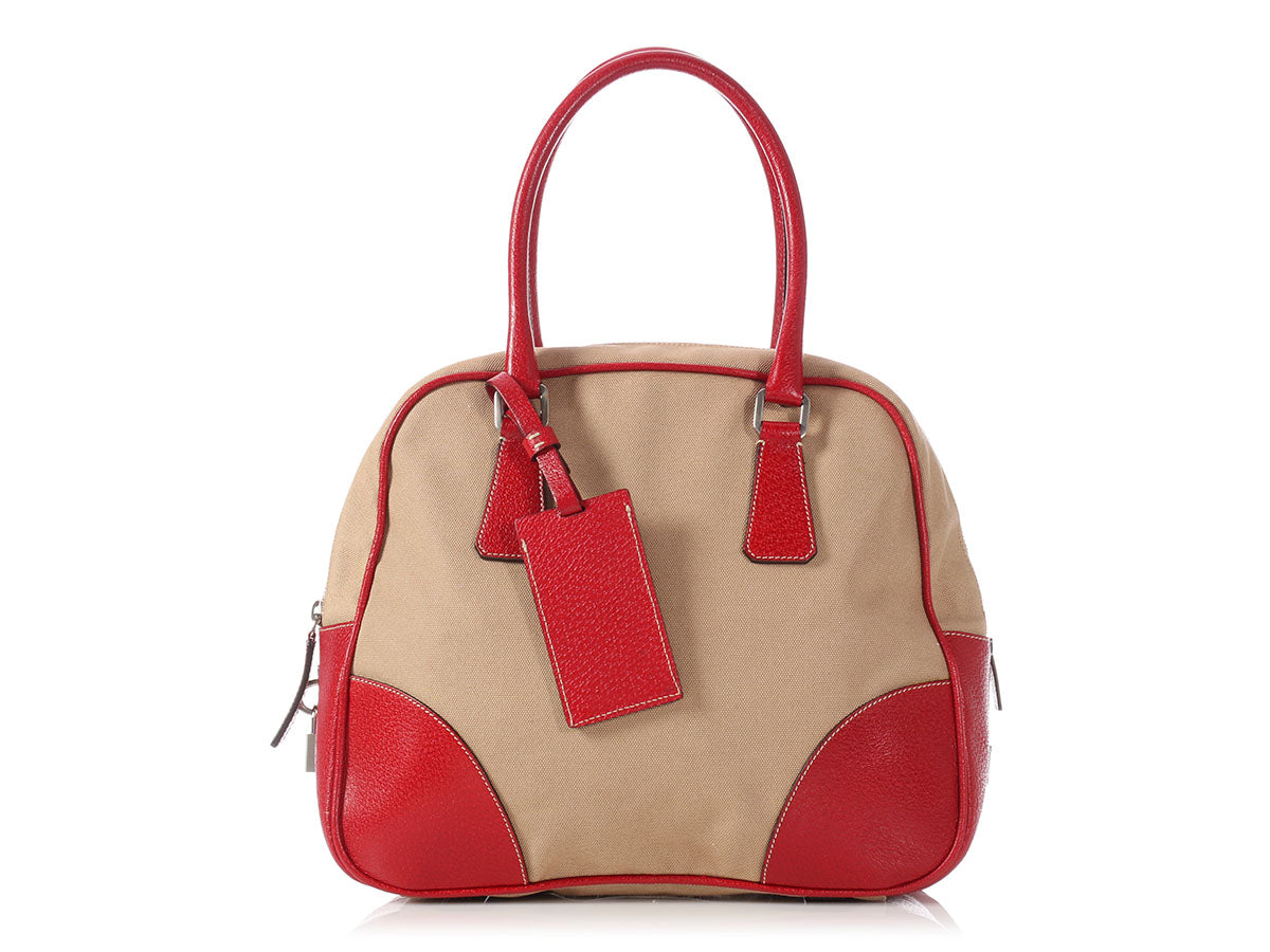 PRD Beige Canvas and Red Leather Bowling Bag