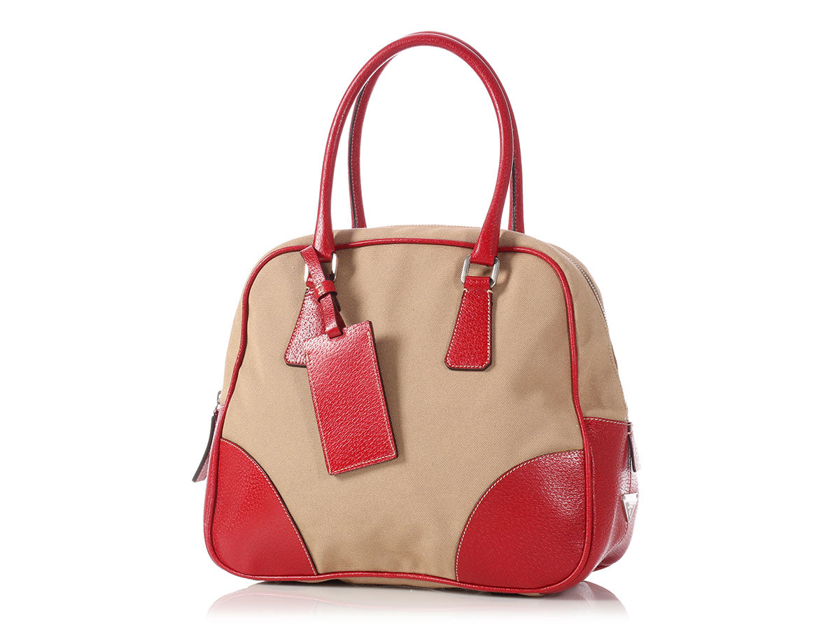 PRD Beige Canvas and Red Leather Bowling Bag