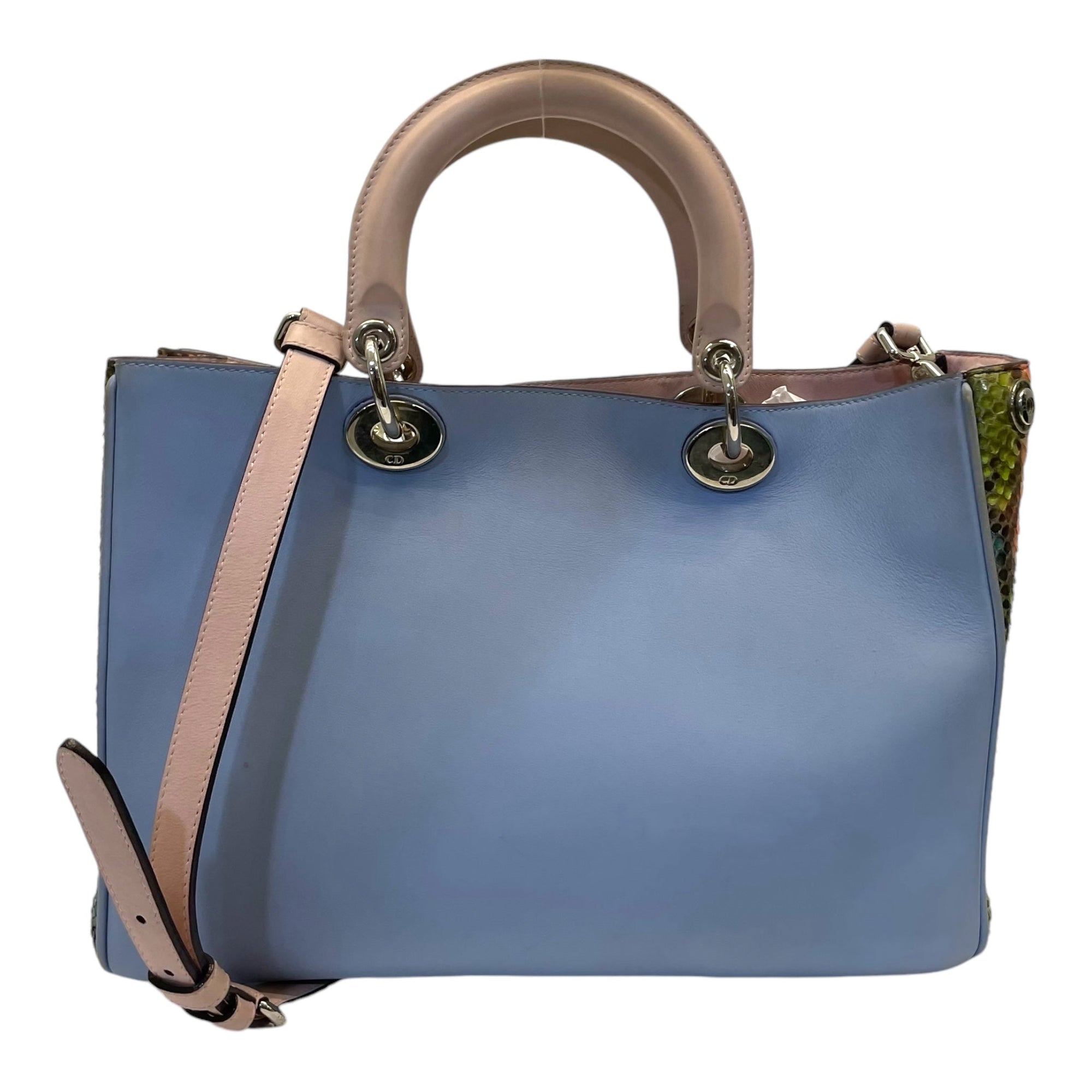 Christian D1OR Baby Blue Leather/Python Medium D1ORissimo Shopper Tote Bag