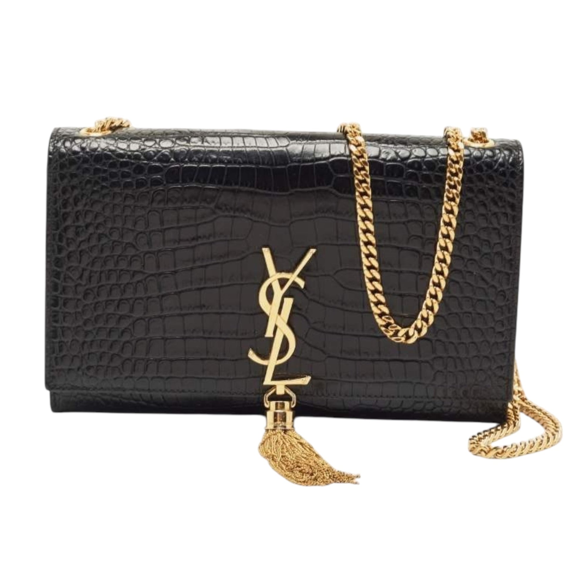 YSL Kate Medium in Black Croc Embossed Leather
