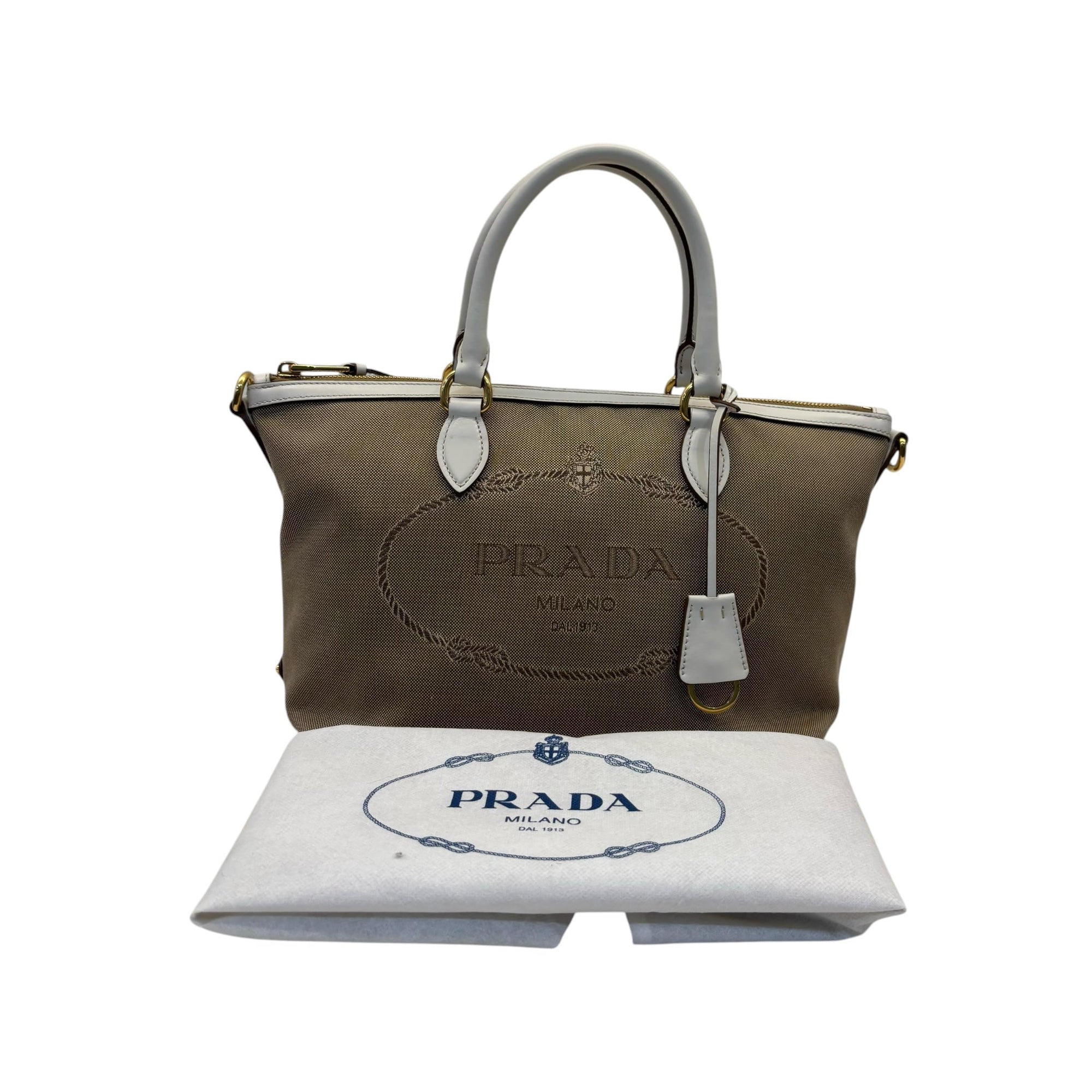 PRD Beige Leather Logo Embossed Zip Tote