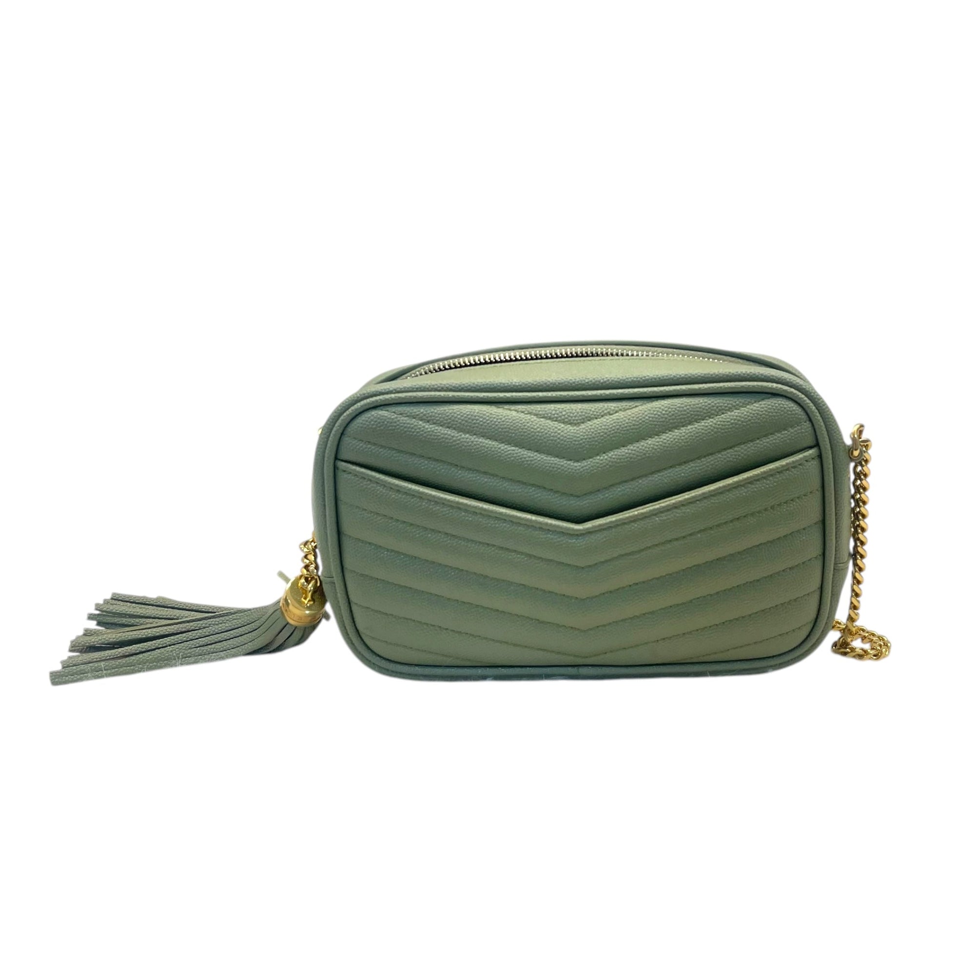 YSL Light Sage Chevron Black Leather Monogram Chain Shoulder Bag