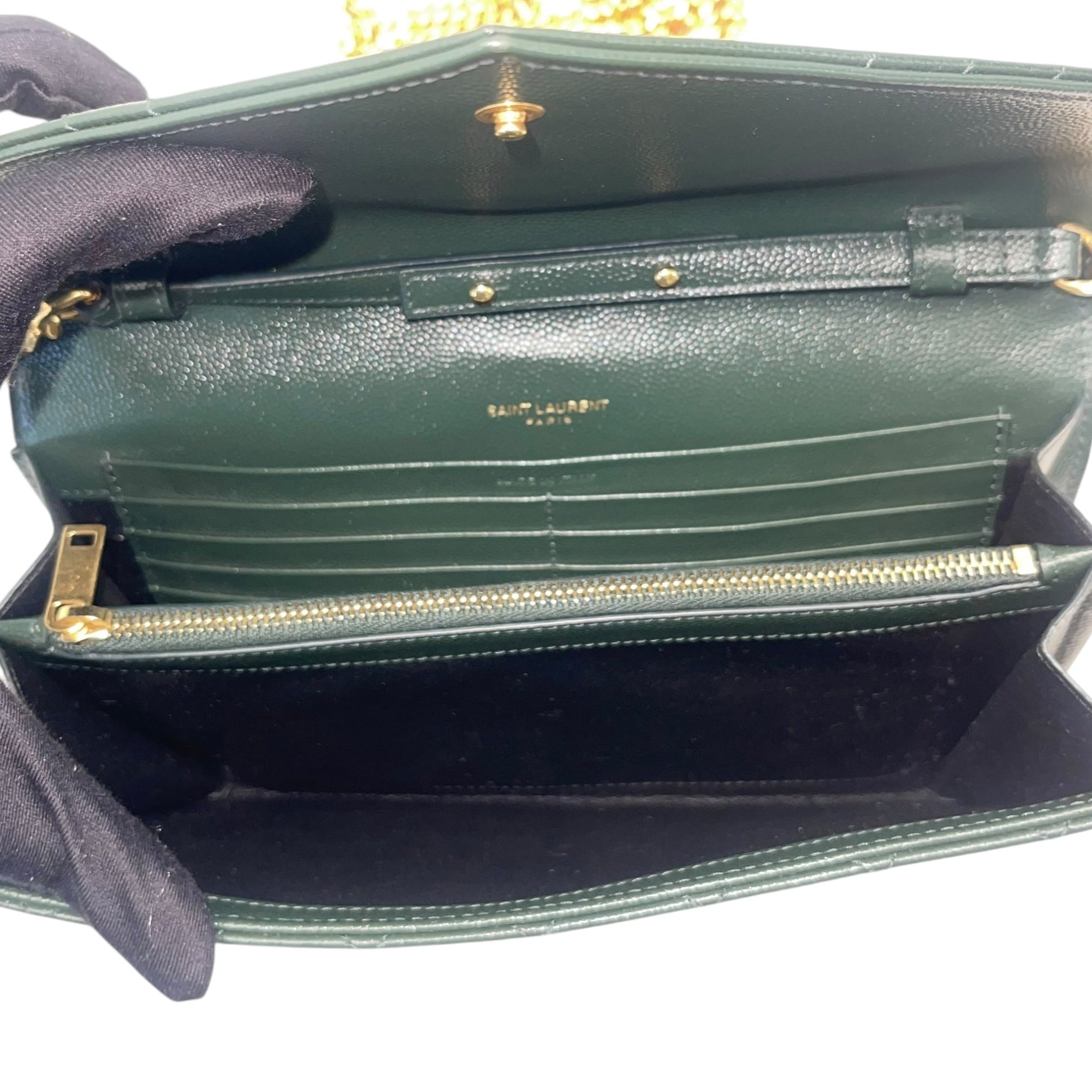 YSL Dark Green Chevron Quilted Leather Envelope Flap Bag