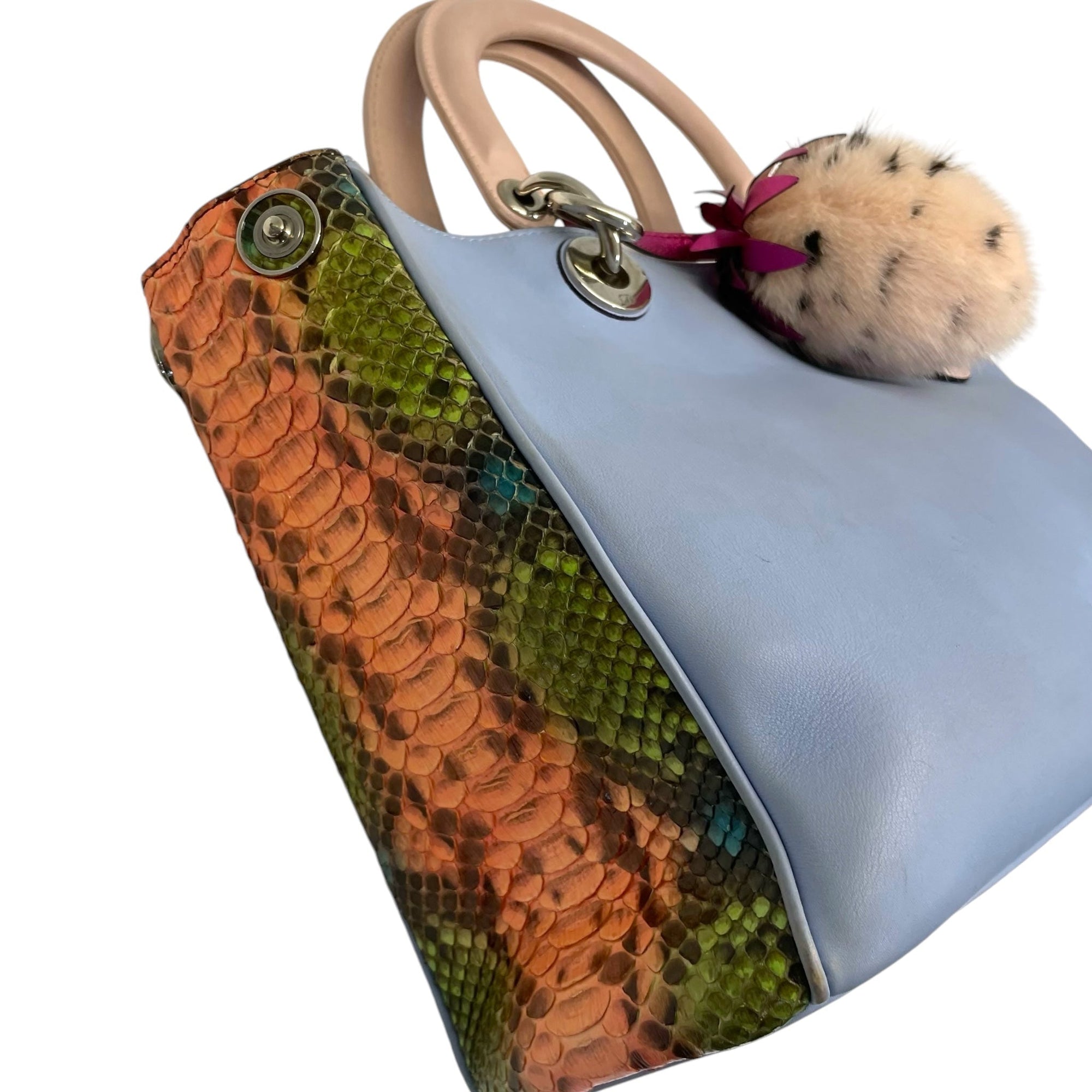 Christian D1OR Baby Blue Leather/Python Medium D1ORissimo Shopper Tote Bag