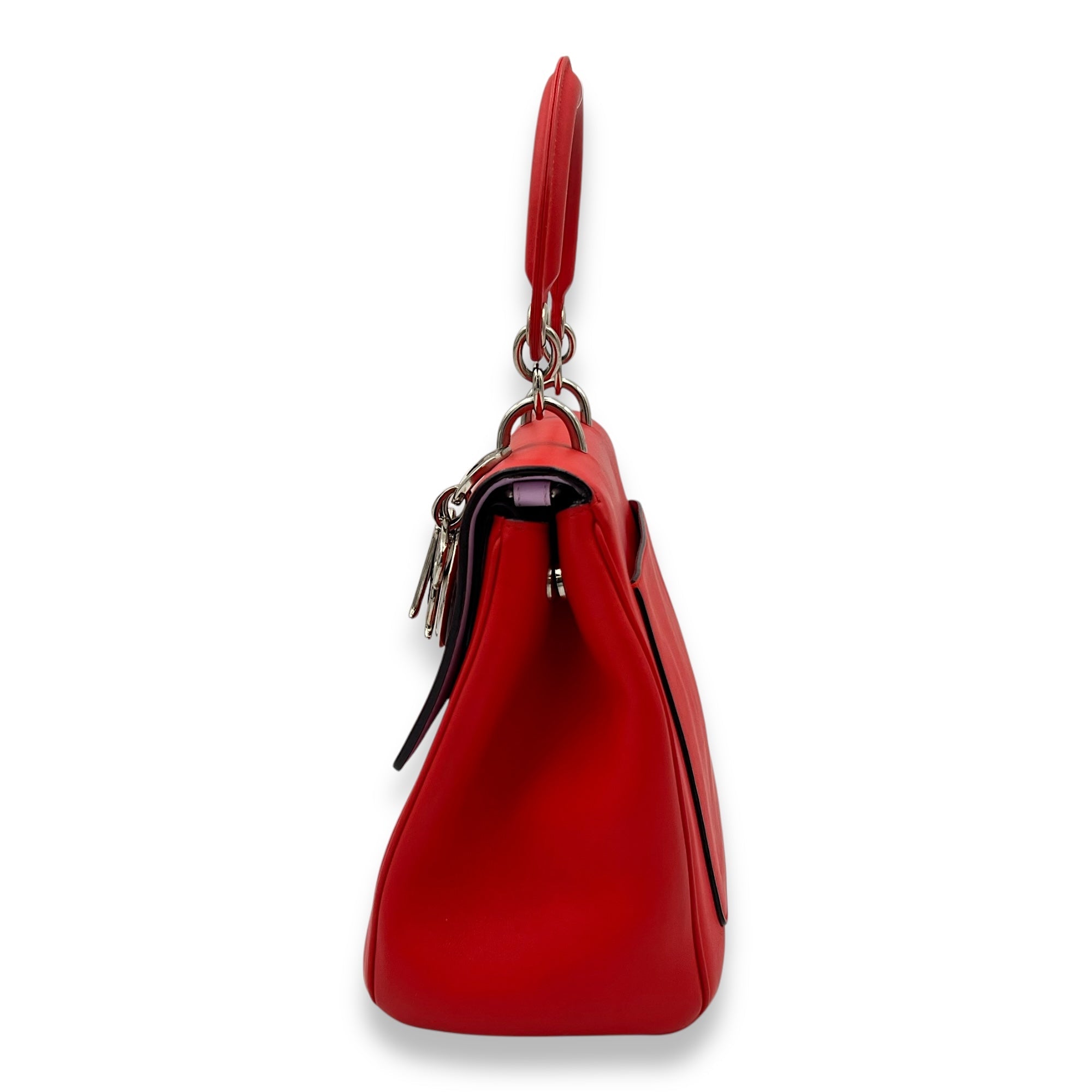 Be D1OR Top Handle Bag Red in Calfskin, Silver hardware