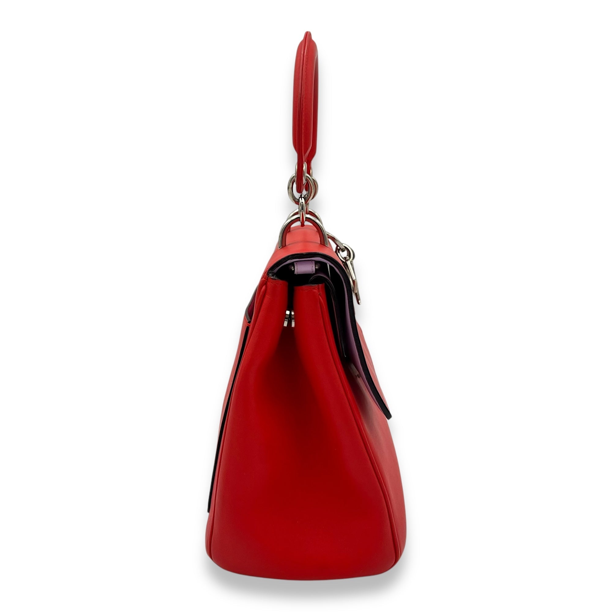 Be D1OR Top Handle Bag Red in Calfskin, Silver hardware