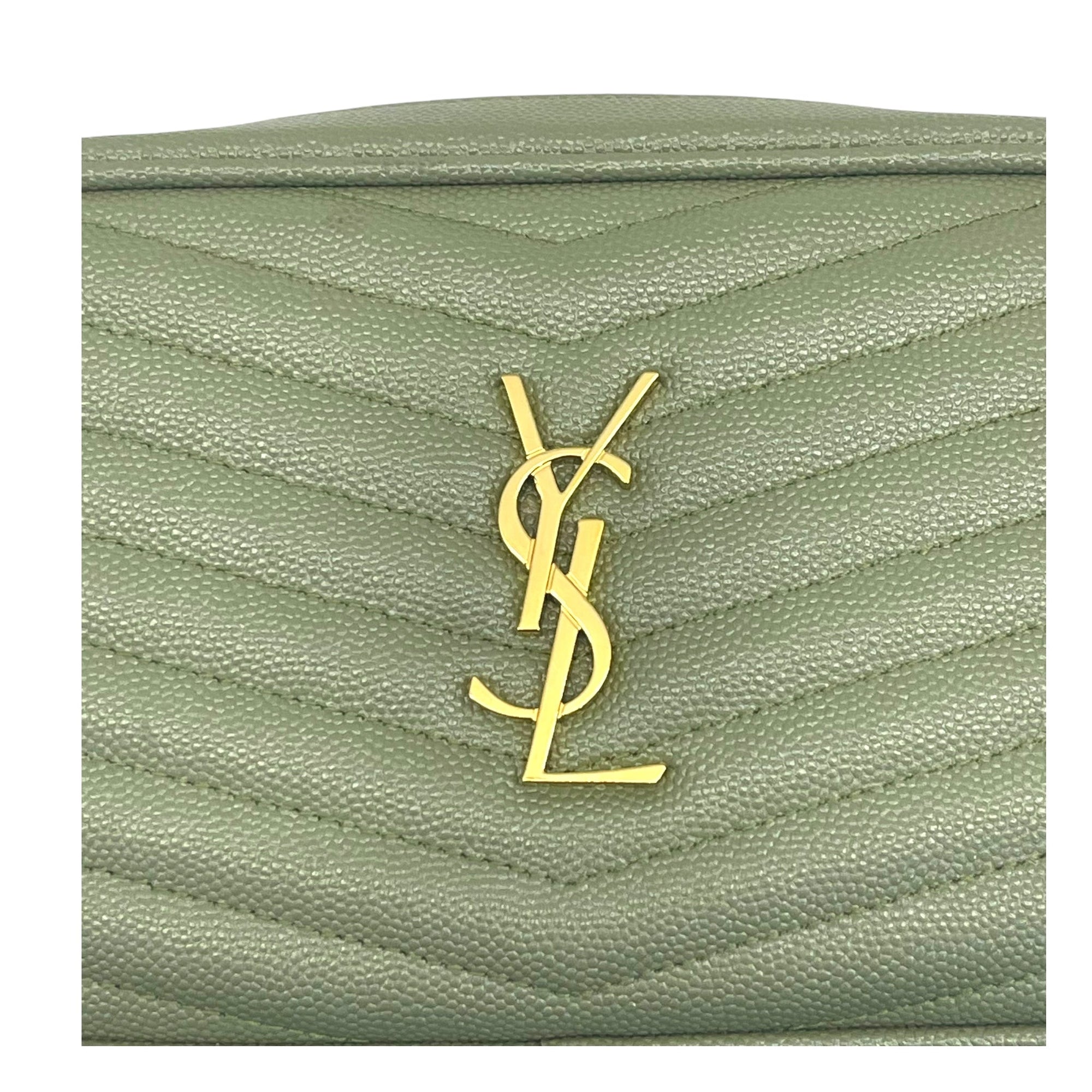 YSL Light Sage Chevron Black Leather Monogram Chain Shoulder Bag