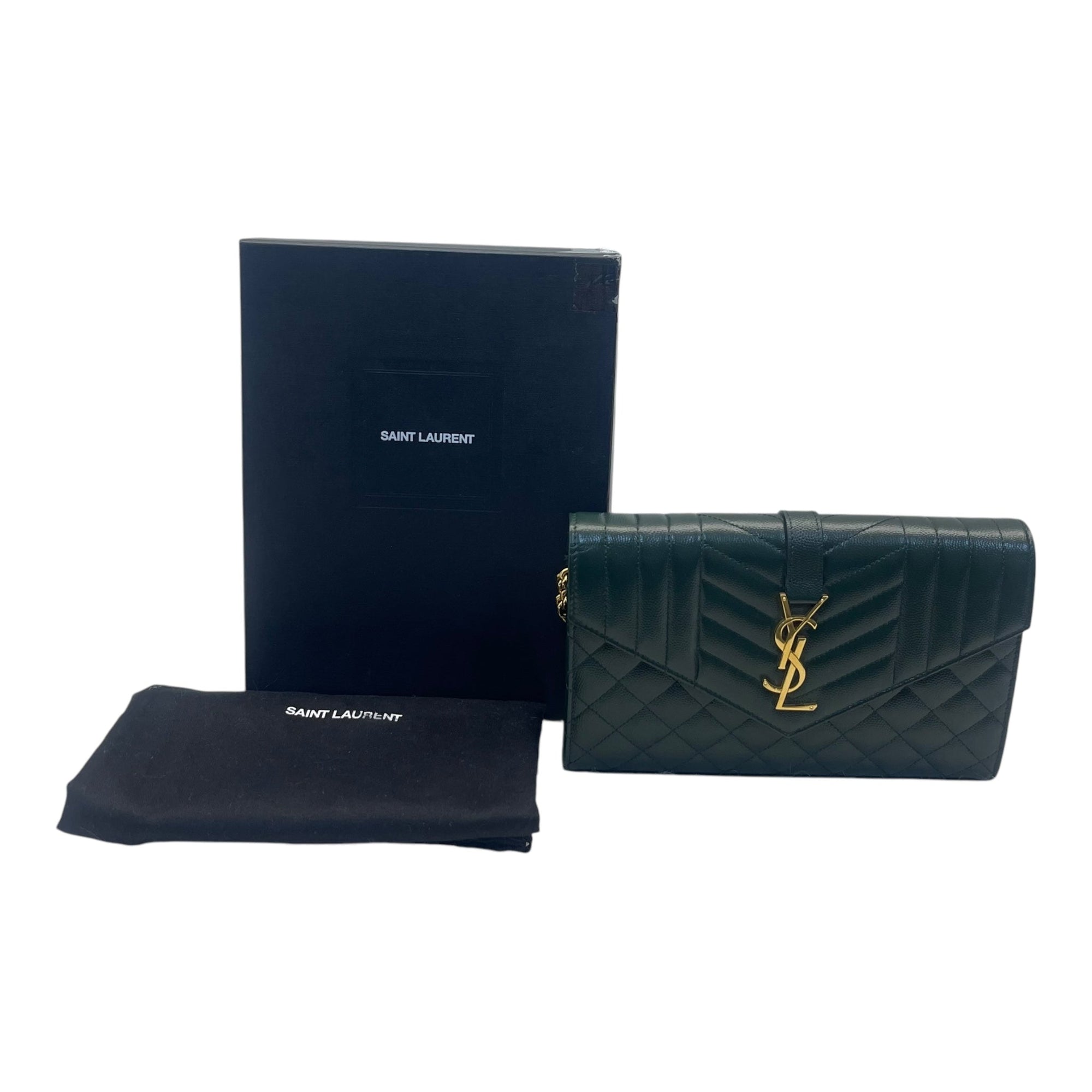 YSL Dark Green Chevron Quilted Leather Envelope Flap Bag