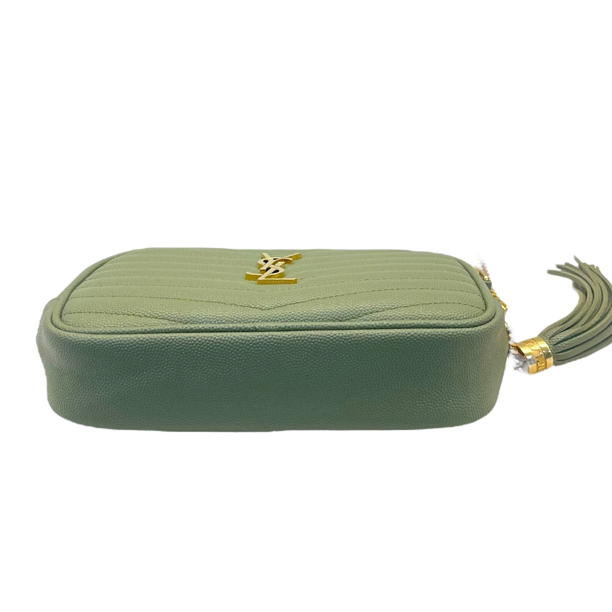 YSL Light Sage Chevron Black Leather Monogram Chain Shoulder Bag