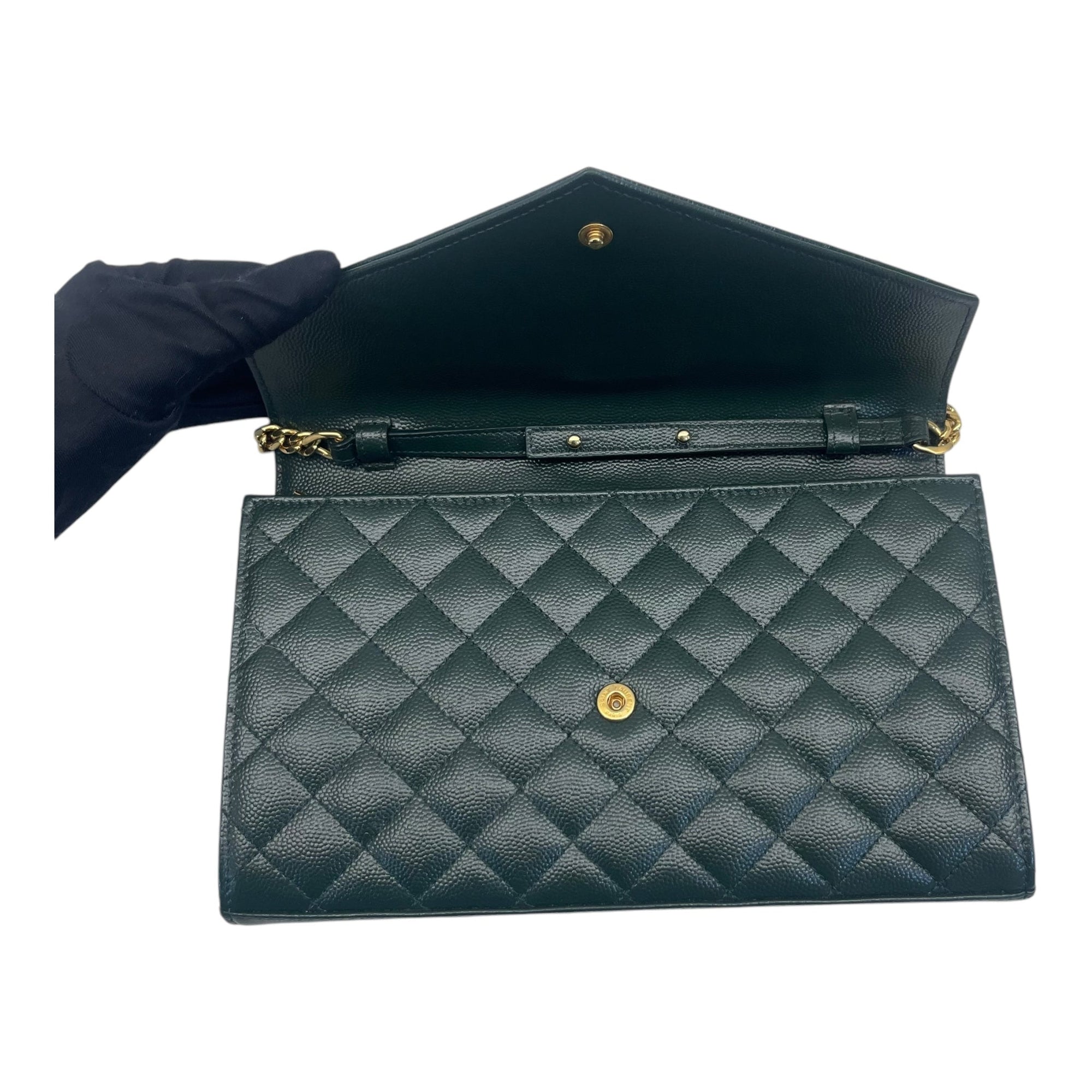 YSL Dark Green Chevron Quilted Leather Envelope Flap Bag