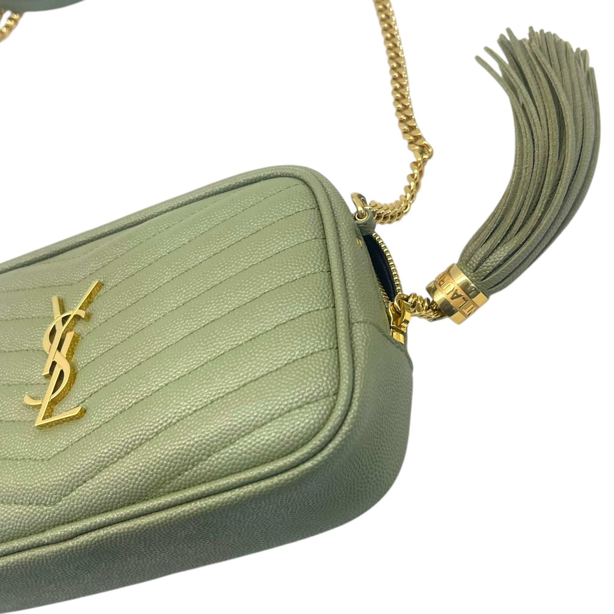YSL Light Sage Chevron Black Leather Monogram Chain Shoulder Bag