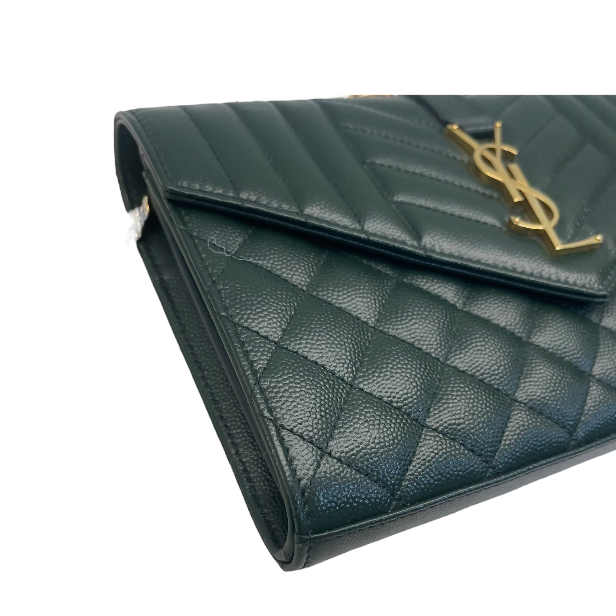YSL Dark Green Chevron Quilted Leather Envelope Flap Bag