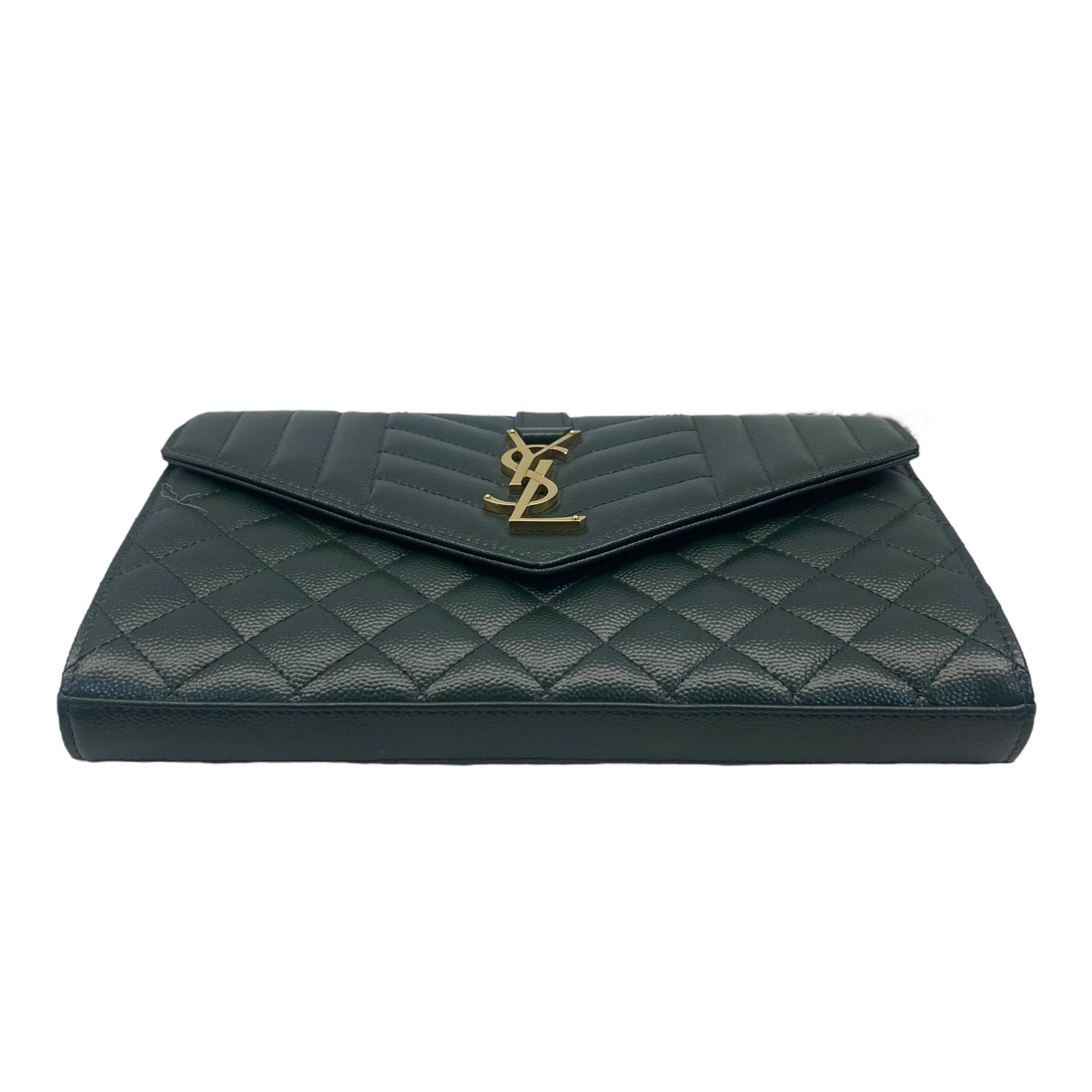 YSL Dark Green Chevron Quilted Leather Envelope Flap Bag